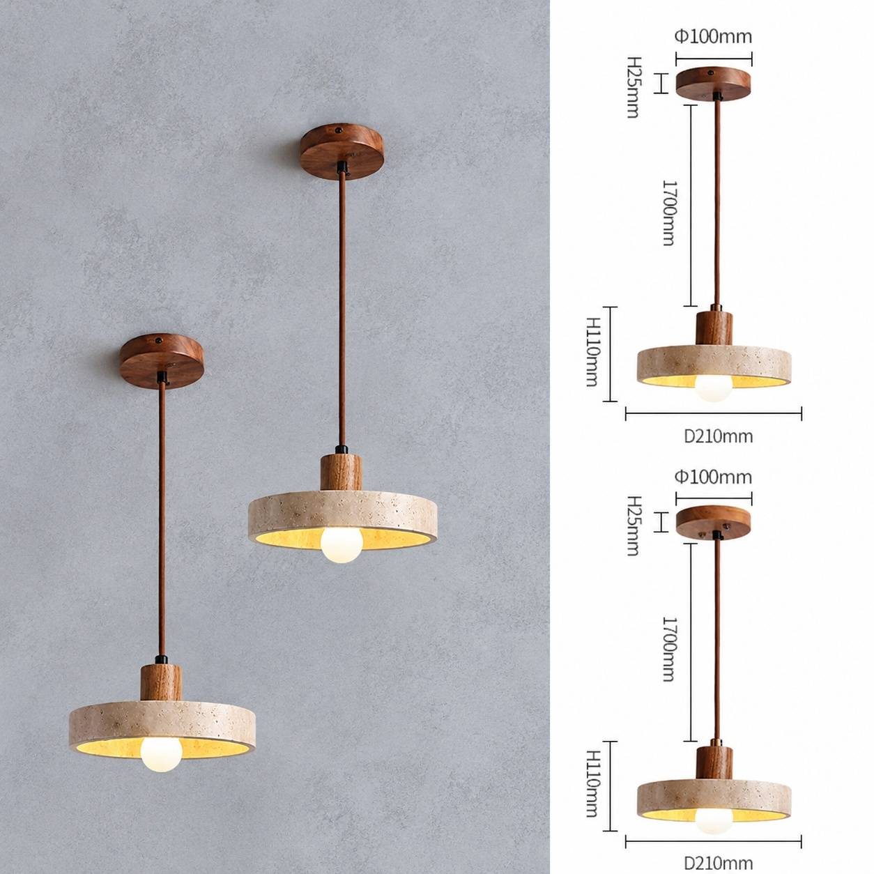 Suspension Rétro en Pierre Jaune et Bois Cuivre Réglable pour Îlot de Cuisine - Image 7