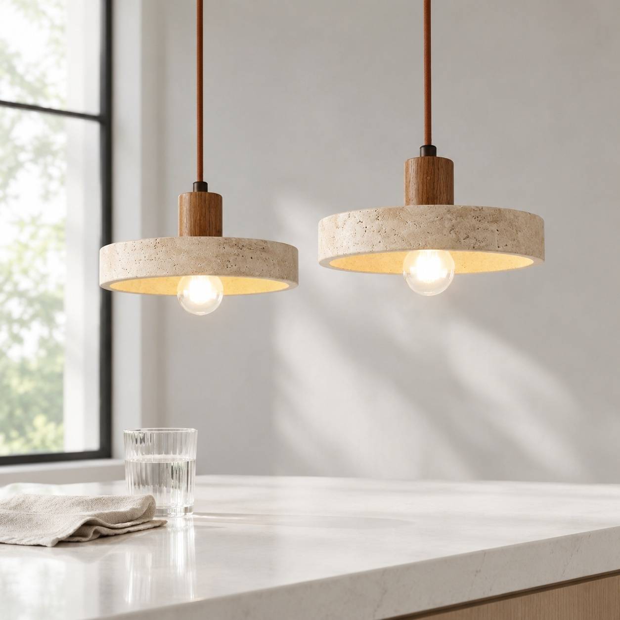 Suspension Rétro en Pierre Jaune et Bois Cuivre Réglable pour Îlot de Cuisine - Image 3