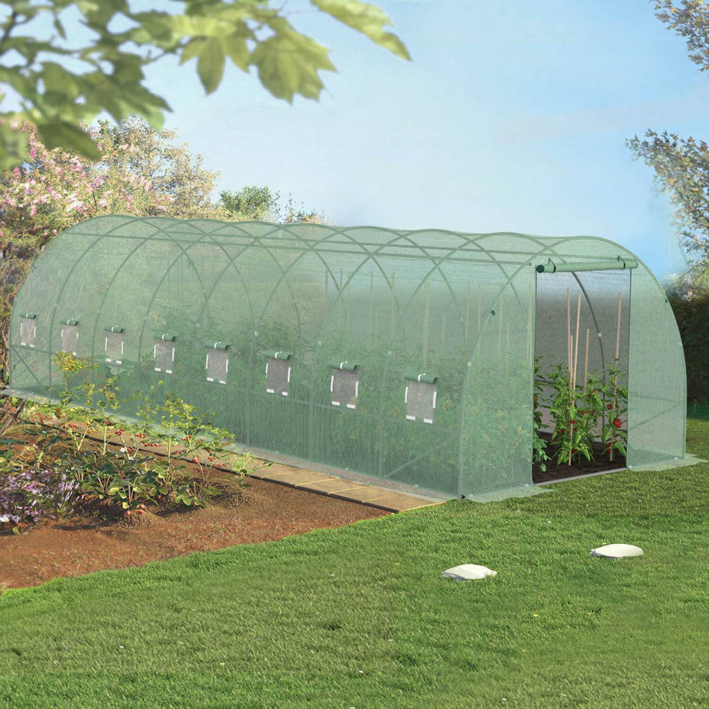 IDMARKET - Serre de jardin tunnel 24m² 8 x 3 x 2 m acier galvanisé + bâche anti-UV avec porte et fenêtres DES ANDES verte - Image 1