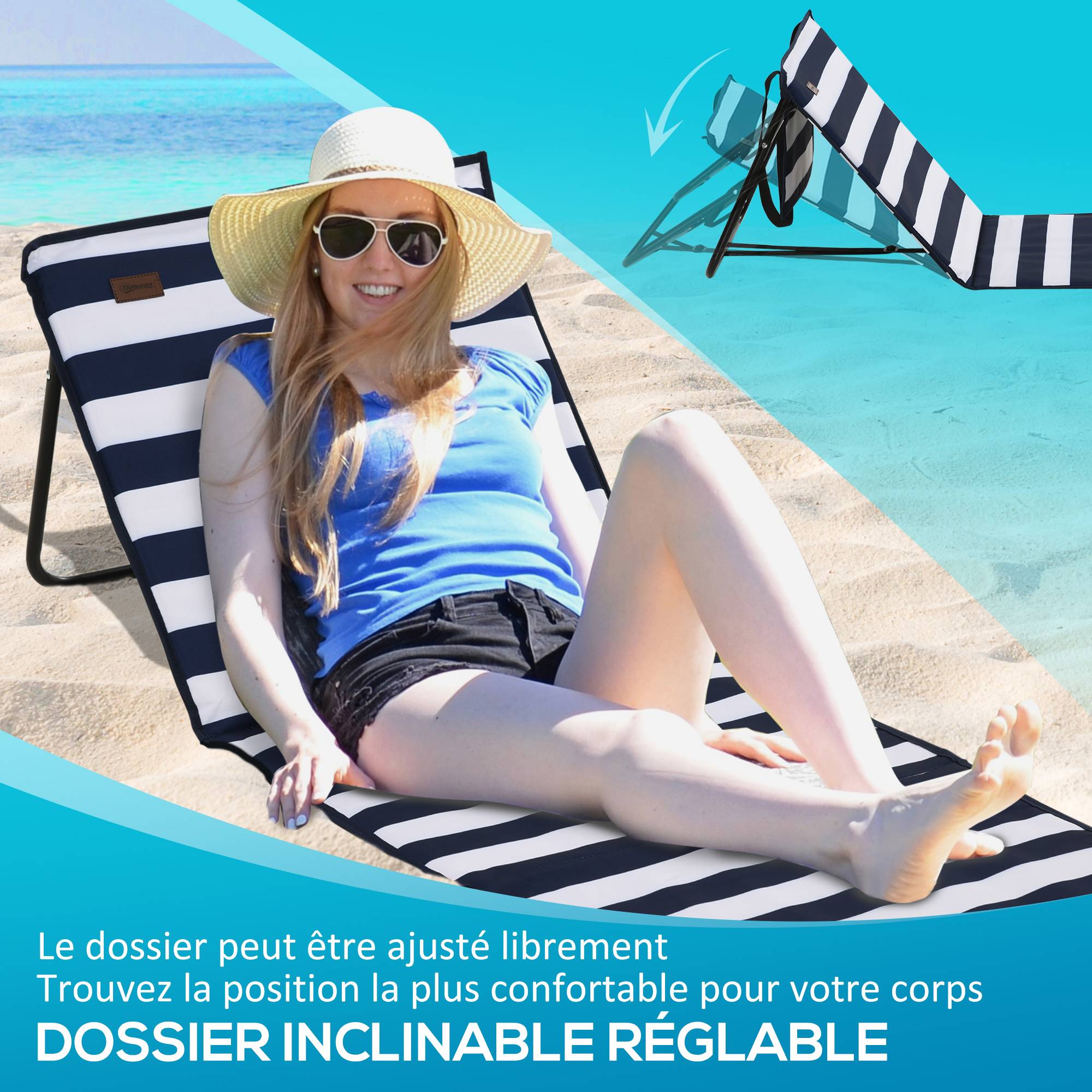 Outsunny - Lot de 2 tapis de plage rembourrés pliables - matelas de plage - dossier inclinable, rangement - métal polyester blanc bleu - Outsunny - Imagen 5