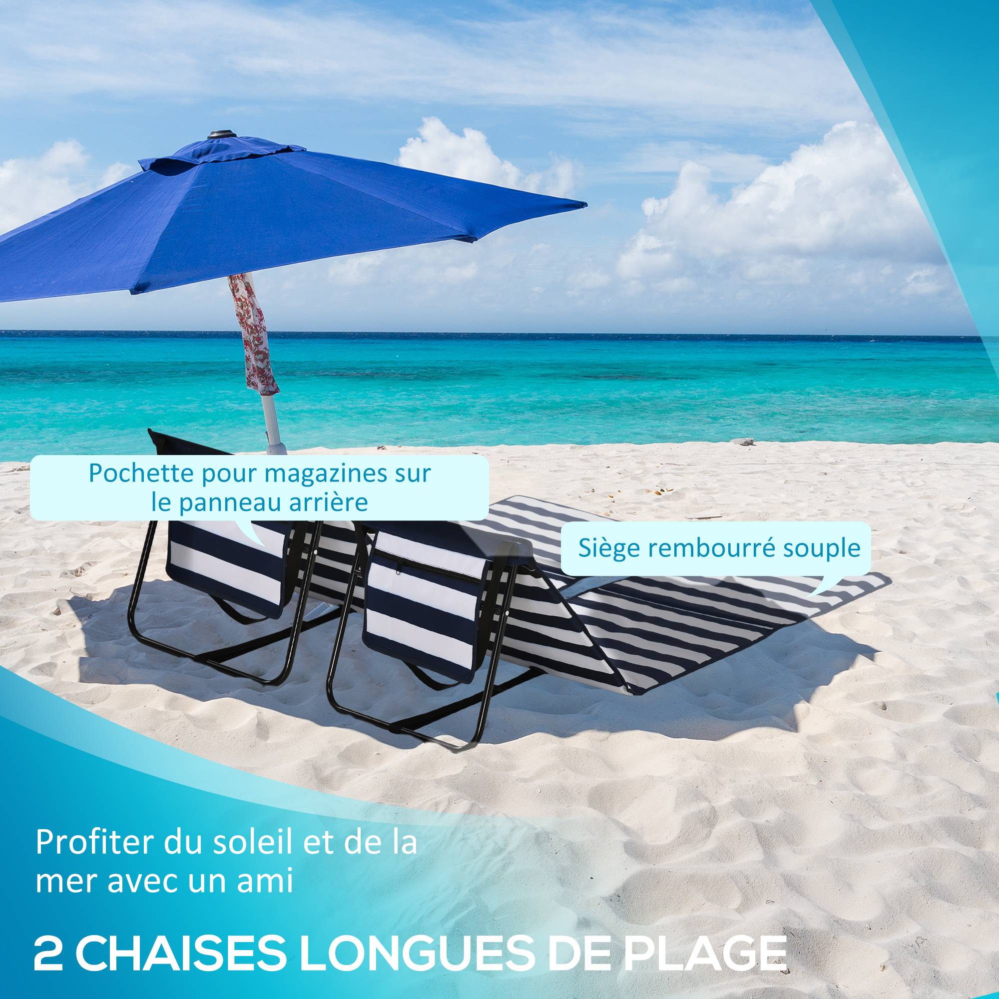Outsunny - Lot de 2 tapis de plage rembourrés pliables - matelas de plage - dossier inclinable, rangement - métal polyester blanc bleu - Outsunny - Imagen 4