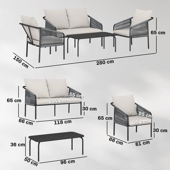 Ensemble salon de jardin 4 pièces en polyrotin, canapé 2 places, 2 fauteuils et table basse, coussins amovibles - Image 3