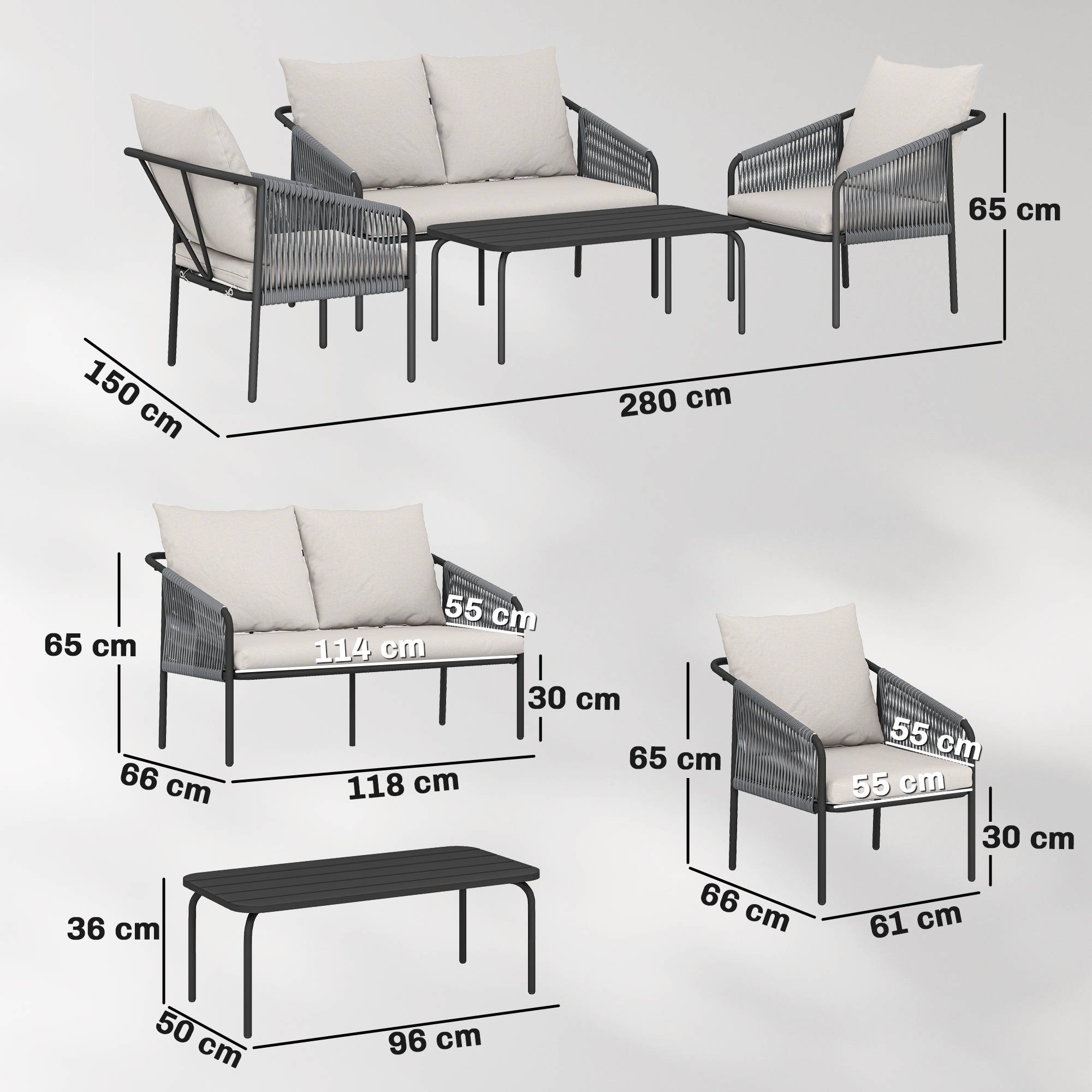 Ensemble salon de jardin 4 pièces en polyrotin, canapé 2 places, 2 fauteuils et table basse, coussins amovibles - Image 3