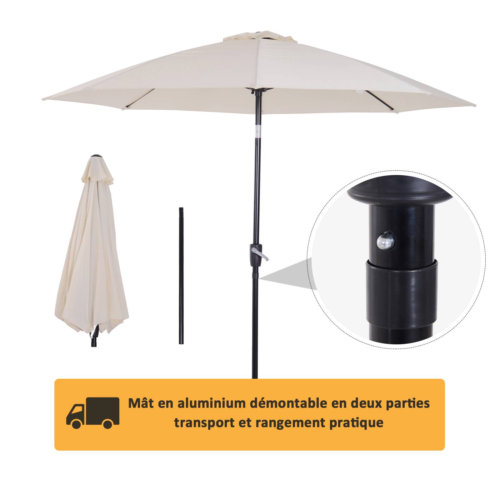 Parasol Jardin Inclinable Rond 264 Cm Crème Avec Volants - Outsunny Anti-UV Et Résistant Au Vent
