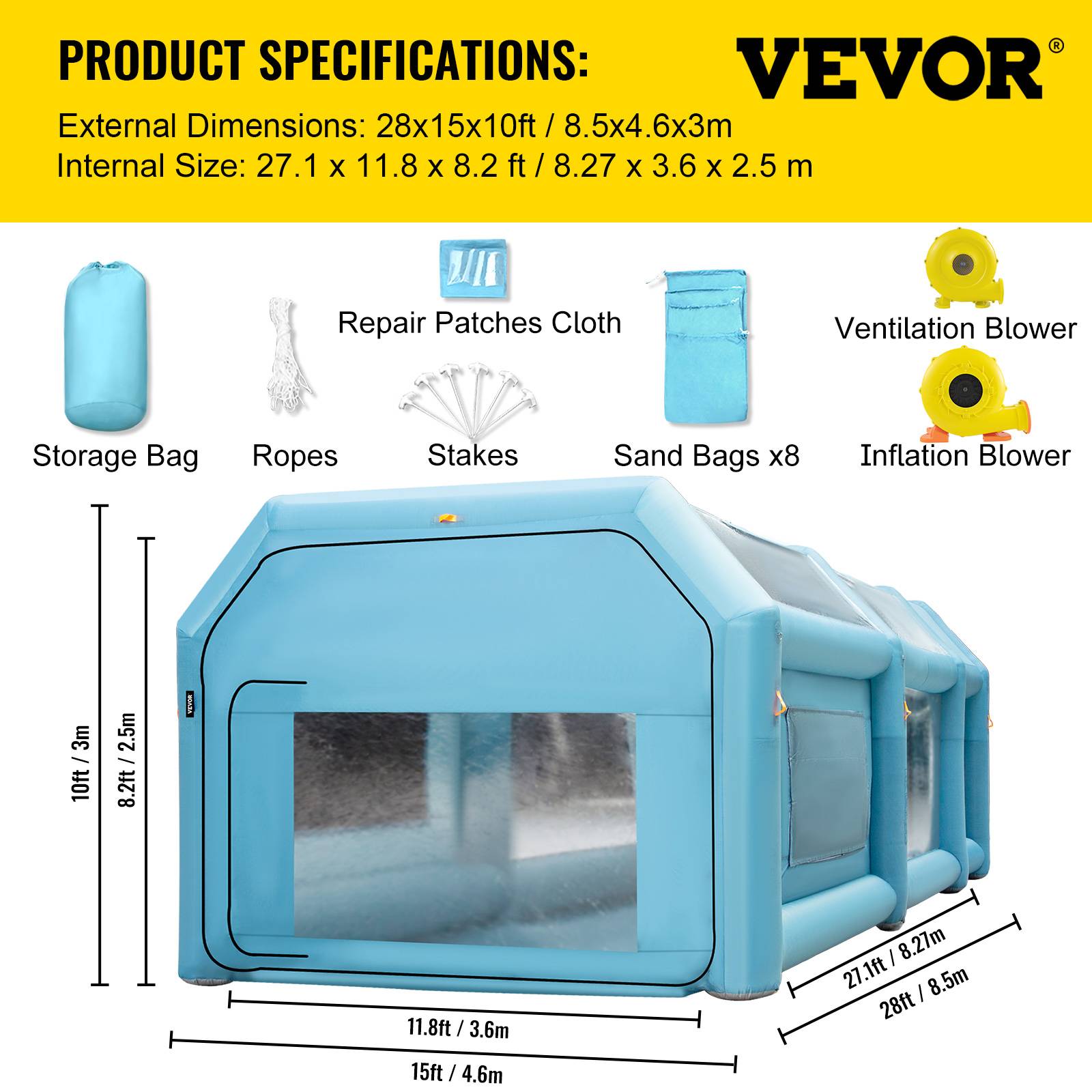 Vevor - VEVOR Cabine peinture gonflable 8.5x4.6x3m, Oxford, 2 souffleurs avec filtration, station de travail automobile. - Image 7