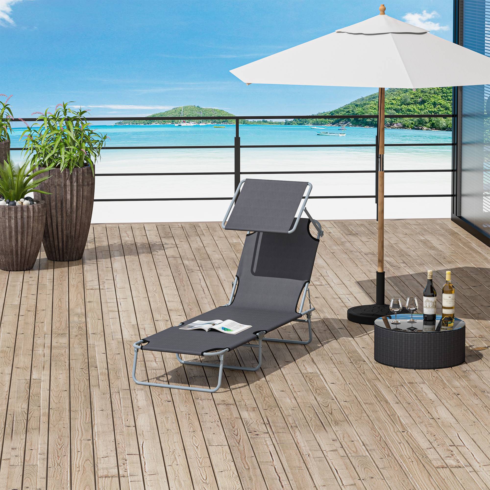 Chaise longue pliante grise, pare-soleil, dossier 4 positions, charge 120kg, jardin balcon piscine, 6 coloris - Image 3