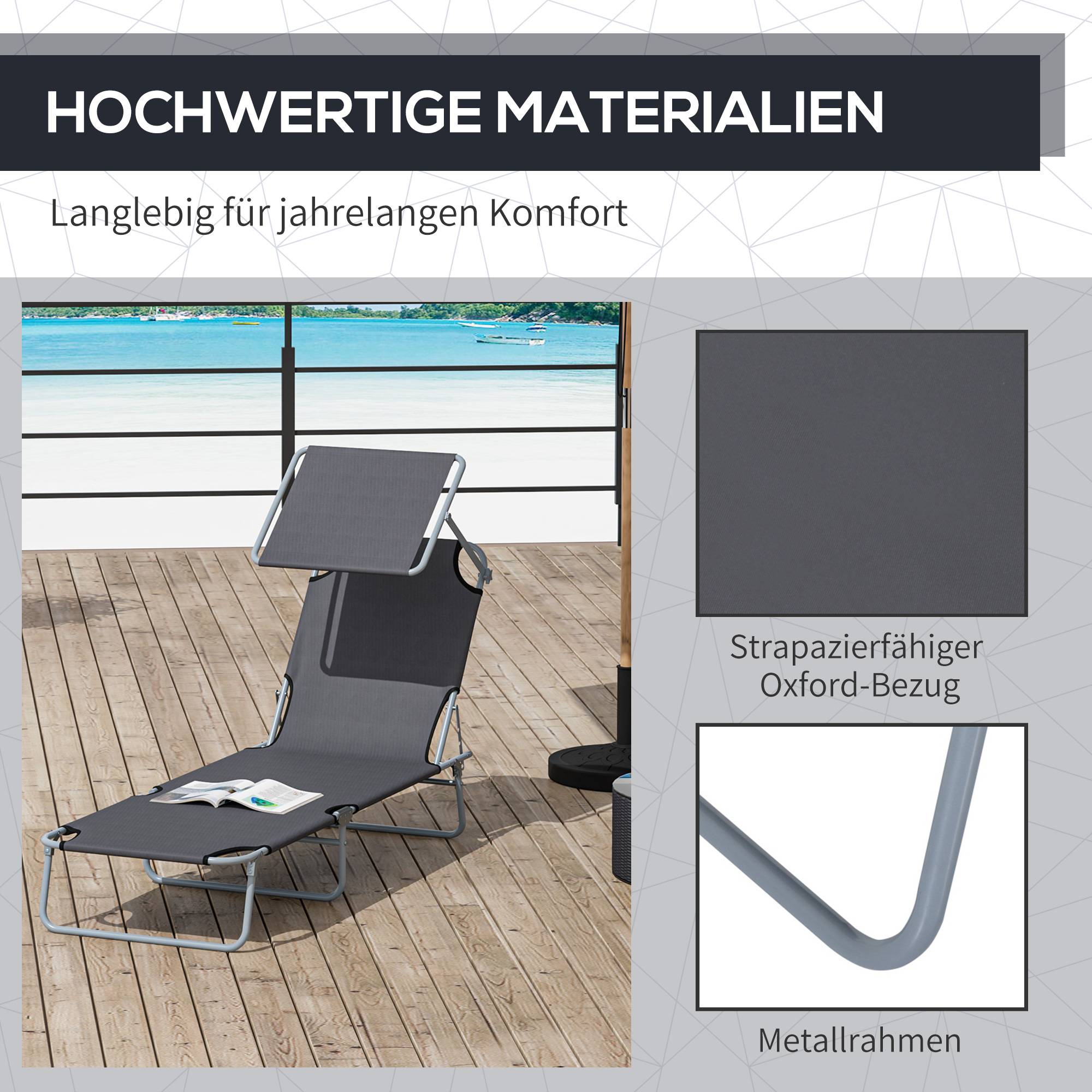 Chaise longue pliante grise, pare-soleil, dossier 4 positions, charge 120kg, jardin balcon piscine, 6 coloris - Image 9