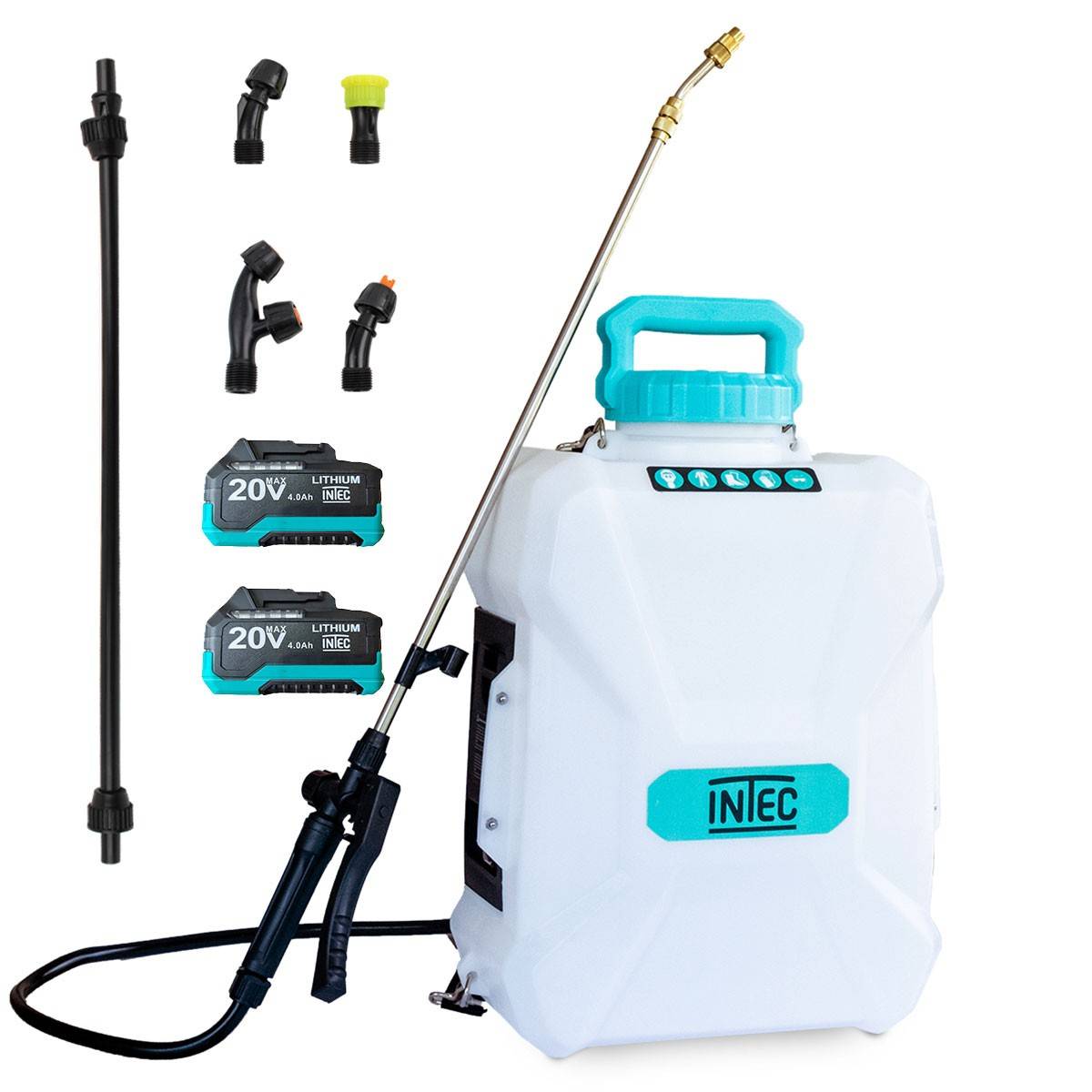 Intec - Pulvérisateur à batterie 20V 12L 5 Bar + 2 Batteries lithium 4.0Ah + Chargeur + 2 Lances Fibre et Inox + 4 buses INTEC - Imagen 1