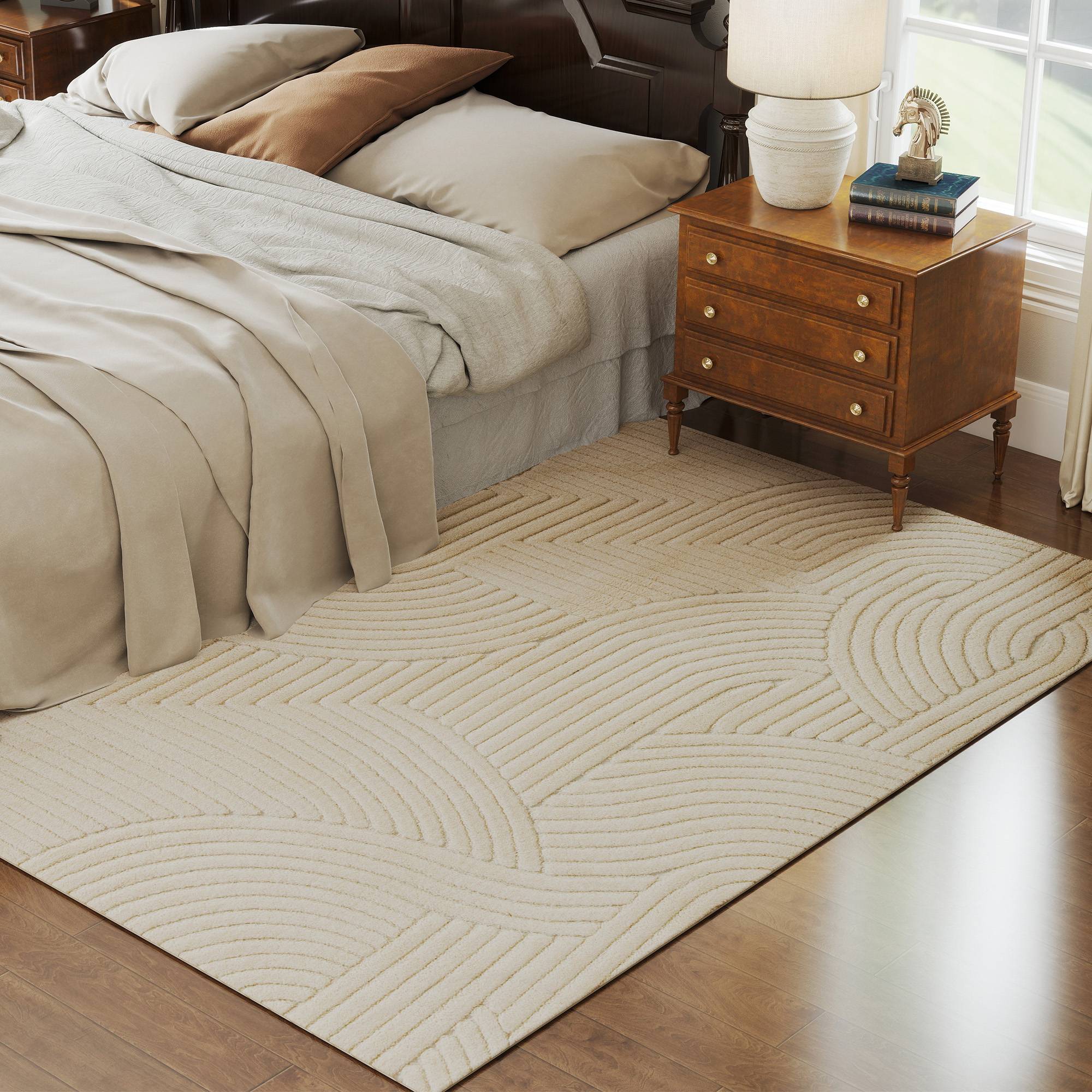 Sans Marque - Tapis moderne antidérapant polyester coton motif lignes salon chambre crème - Image 3