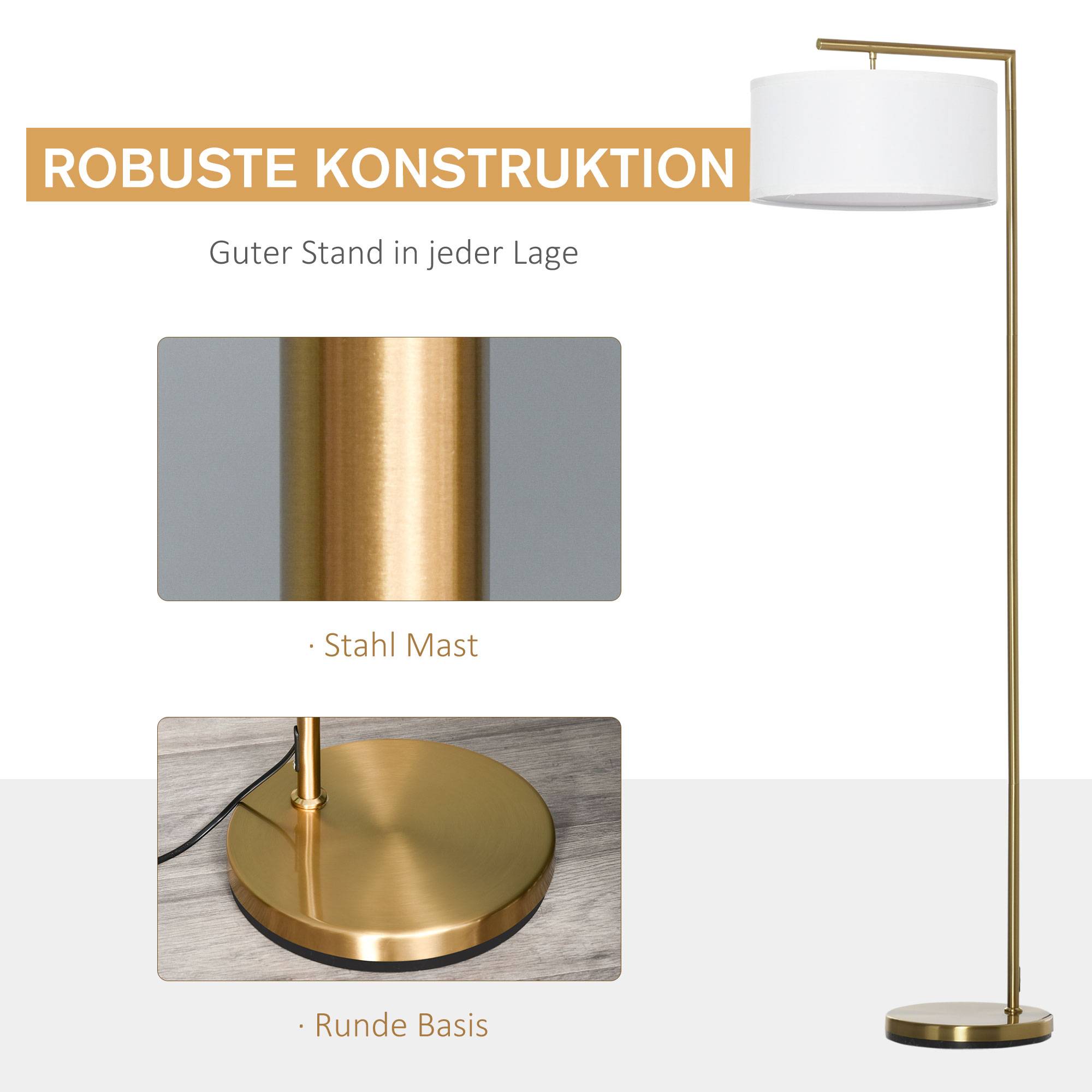 Lampadaire, douille E27, finition dorée, abat-jour en tissu blanc, interrupteur au pied, acier, 47 x 37 x 153 cm - Image 7
