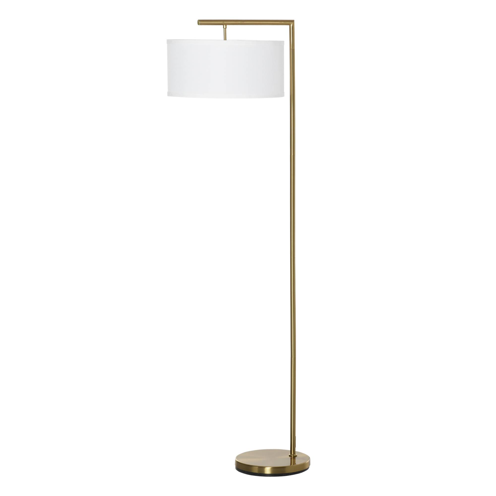 Lampadaire, douille E27, finition dorée, abat-jour en tissu blanc, interrupteur au pied, acier, 47 x 37 x 153 cm - Image 1
