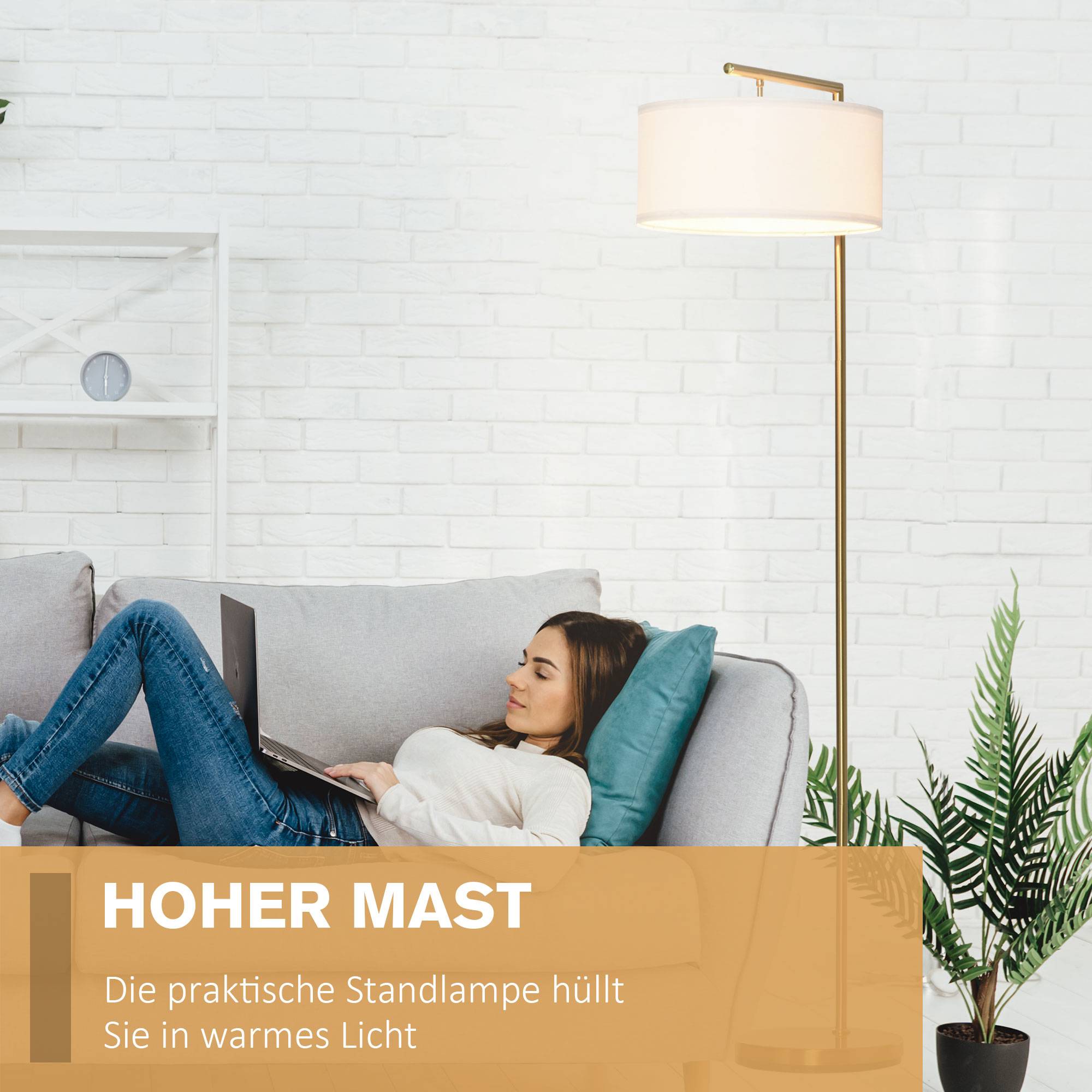 Lampadaire, douille E27, finition dorée, abat-jour en tissu blanc, interrupteur au pied, acier, 47 x 37 x 153 cm - Image 6