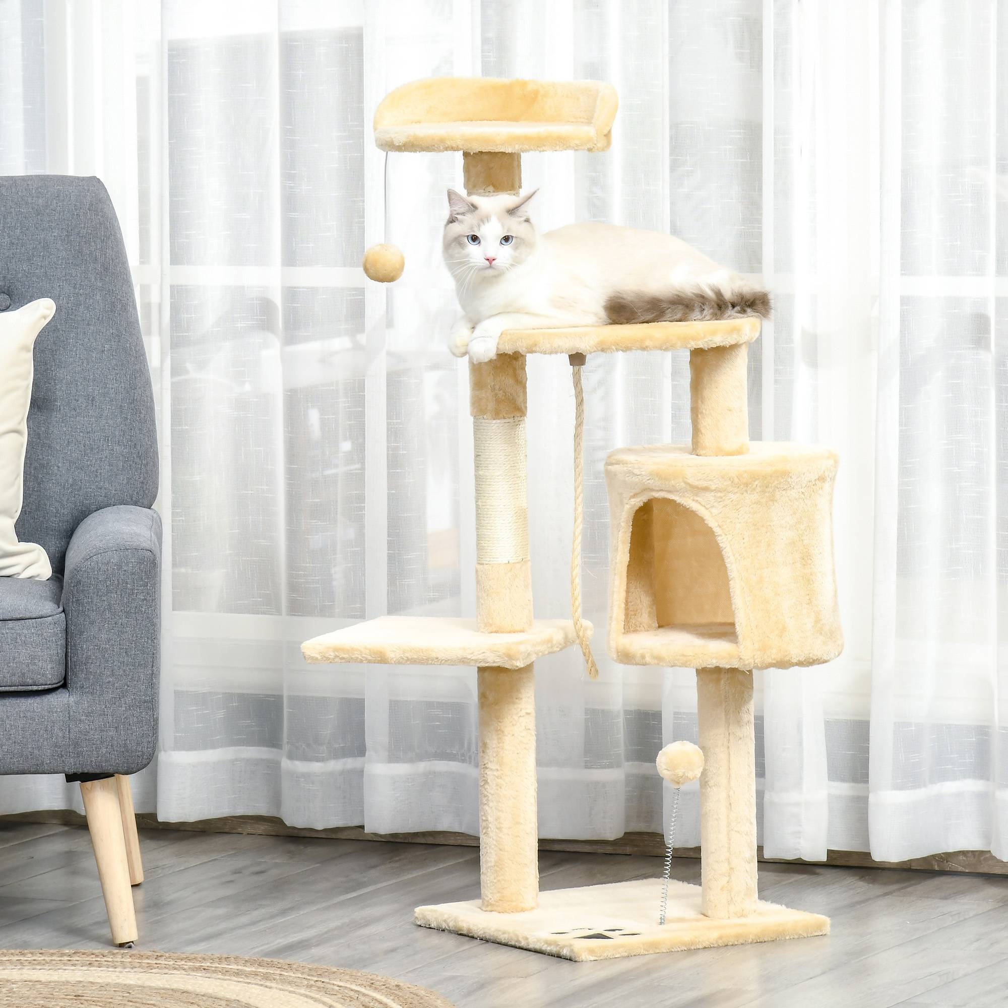 Pawhut - Arbre à chats multi-équipements griffoirs grattoirs plateformes niche corde jouets 40L x 40l x 114H cm beige - Imagen 2