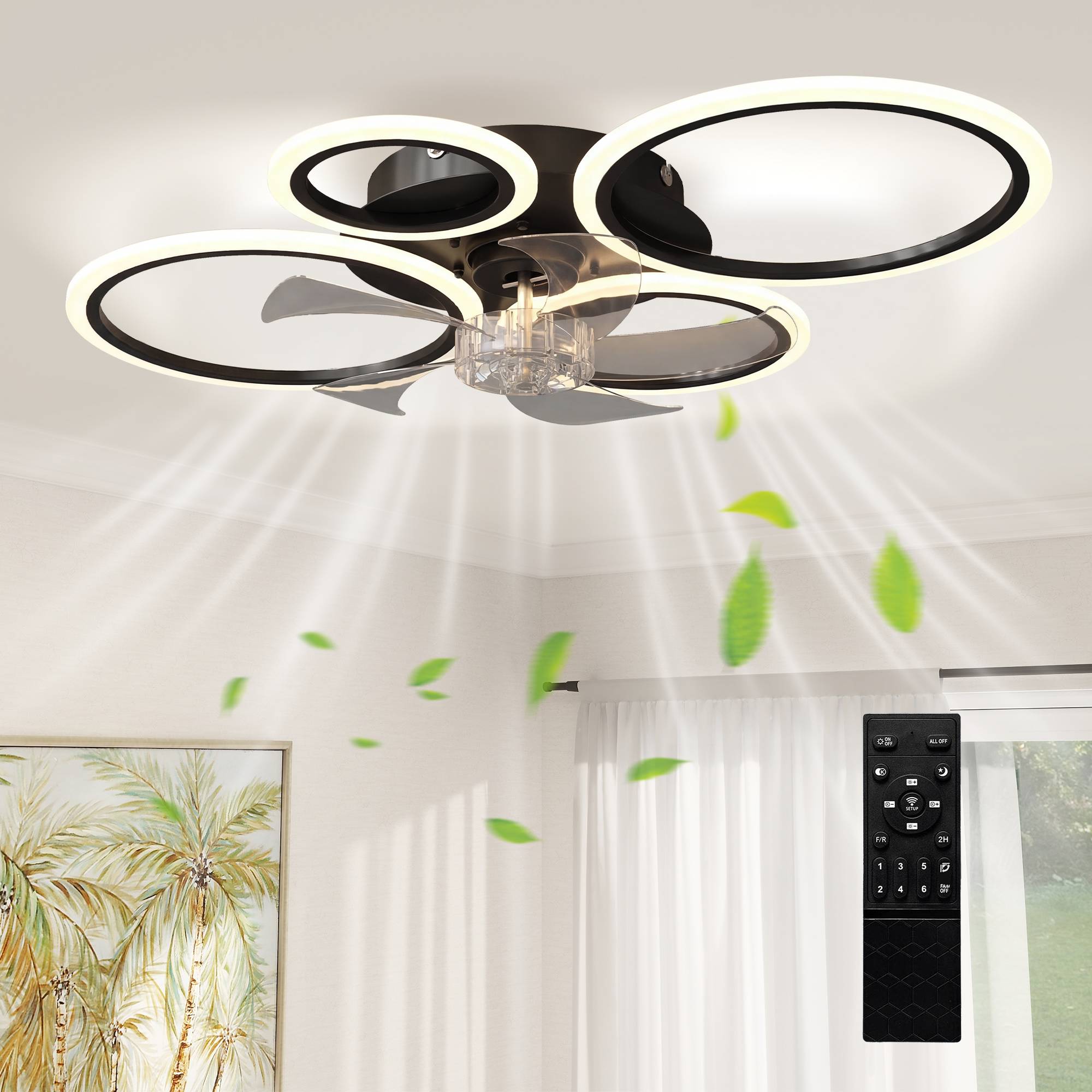 Sans Marque - Ventilateur plafond éclairage télécommande 77 cm fixation 6 vis noir - Image 1