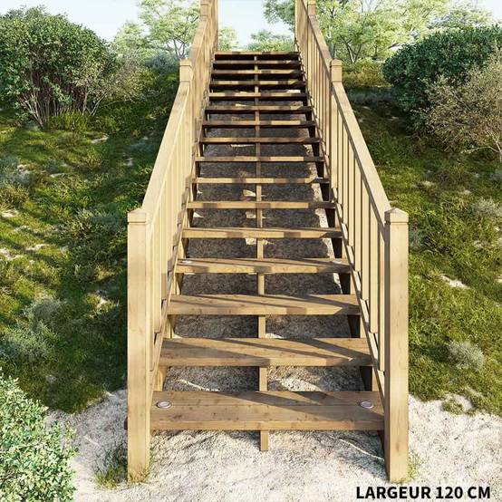 Escalier Bois Exterieur - 15 Marches - Largeur : 80 cm - Marches découpables - Sans Contremarches - Pin du Nord - Image 6