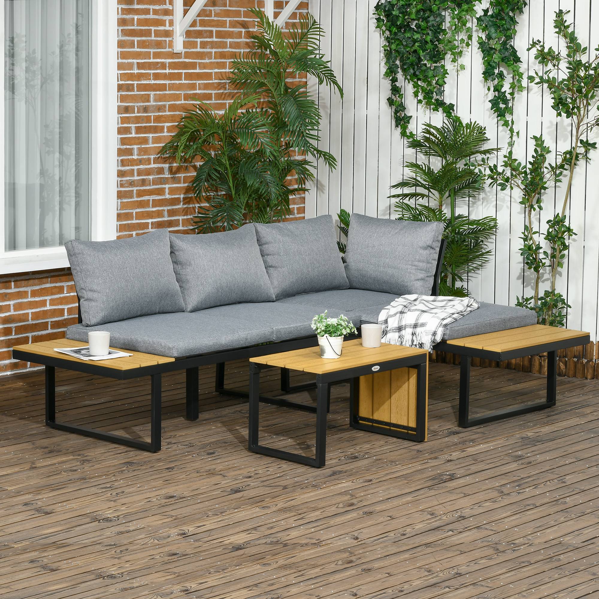 Outsunny - Salon de Jardin d'angle modulable avec table basse aluminium 5 places 3 pièces 8 coussins inclus gris - Outsunny - Imagen 2