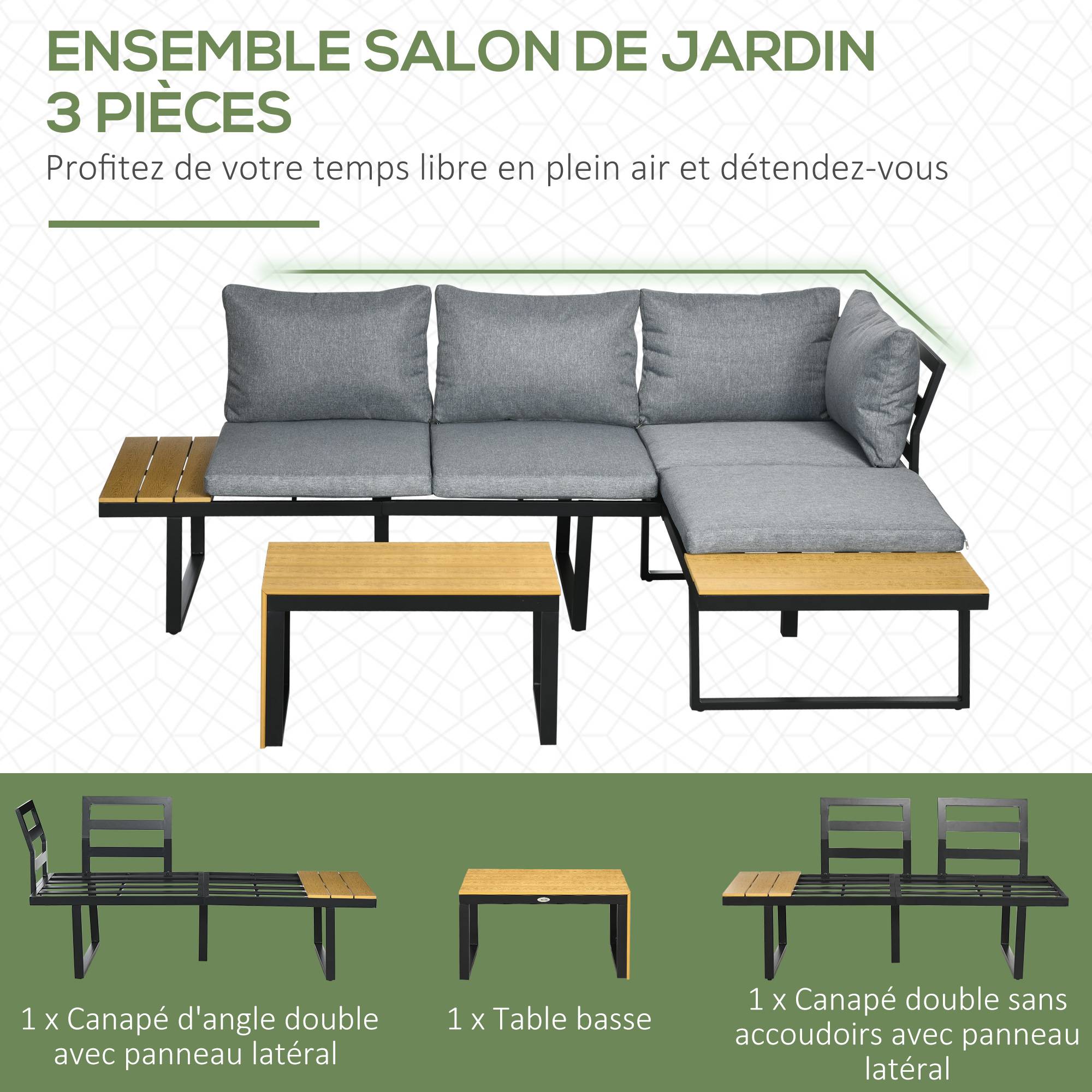 Outsunny - Salon de Jardin d'angle modulable avec table basse aluminium 5 places 3 pièces 8 coussins inclus gris - Outsunny - Imagen 4