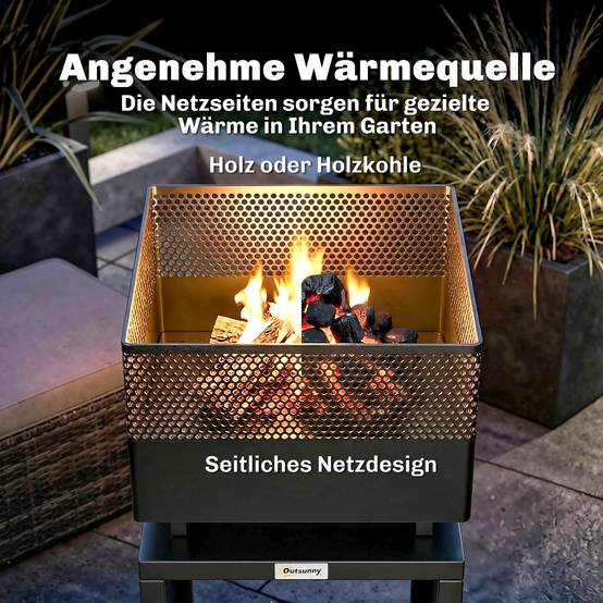 ComfortXL - Brasero extérieur métal noir 39 x 39 x 87 cm terrasse jardin avec range-bûches intégré et pieds réglables - Image 6