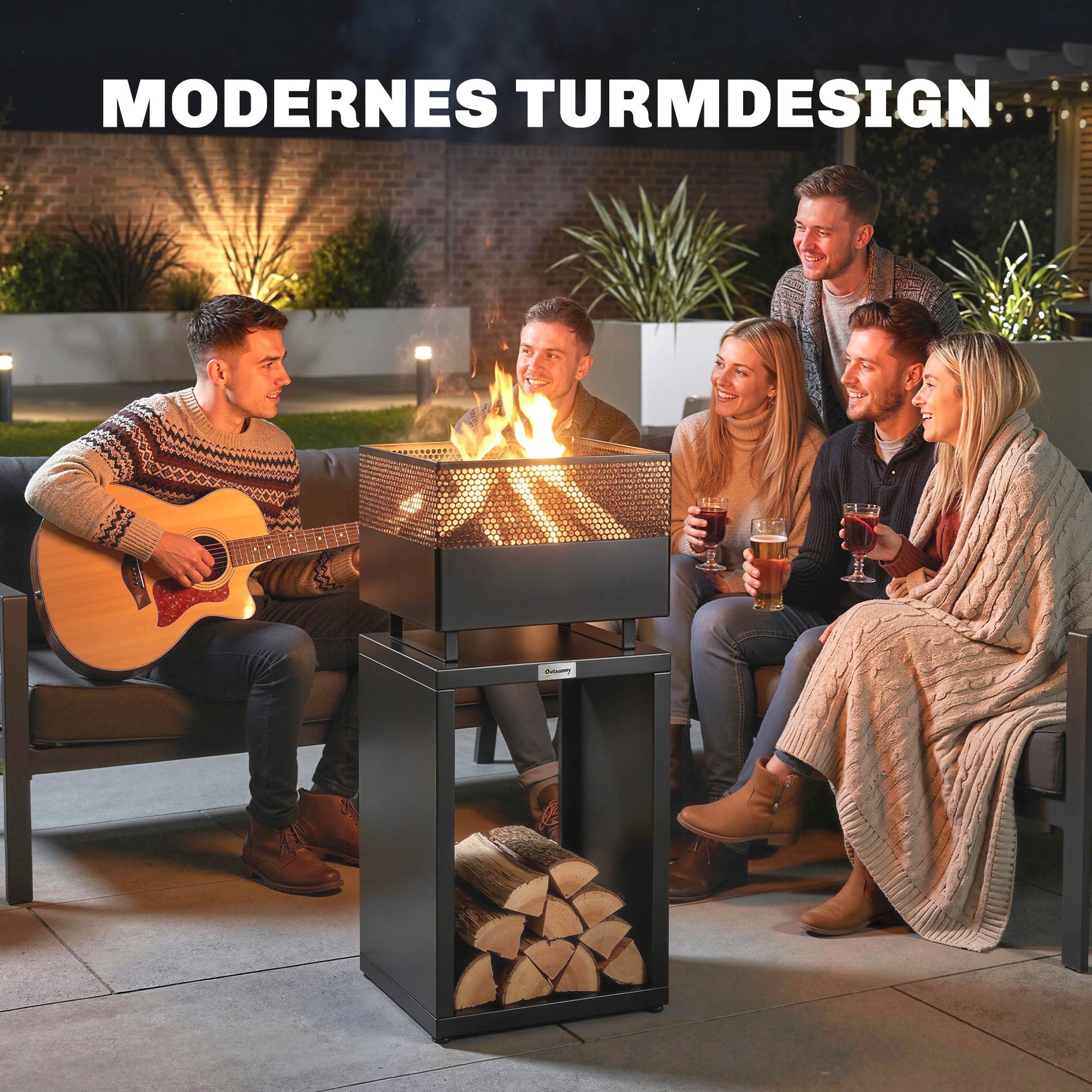ComfortXL - Brasero extérieur métal noir 39 x 39 x 87 cm terrasse jardin avec range-bûches intégré et pieds réglables - Image 4