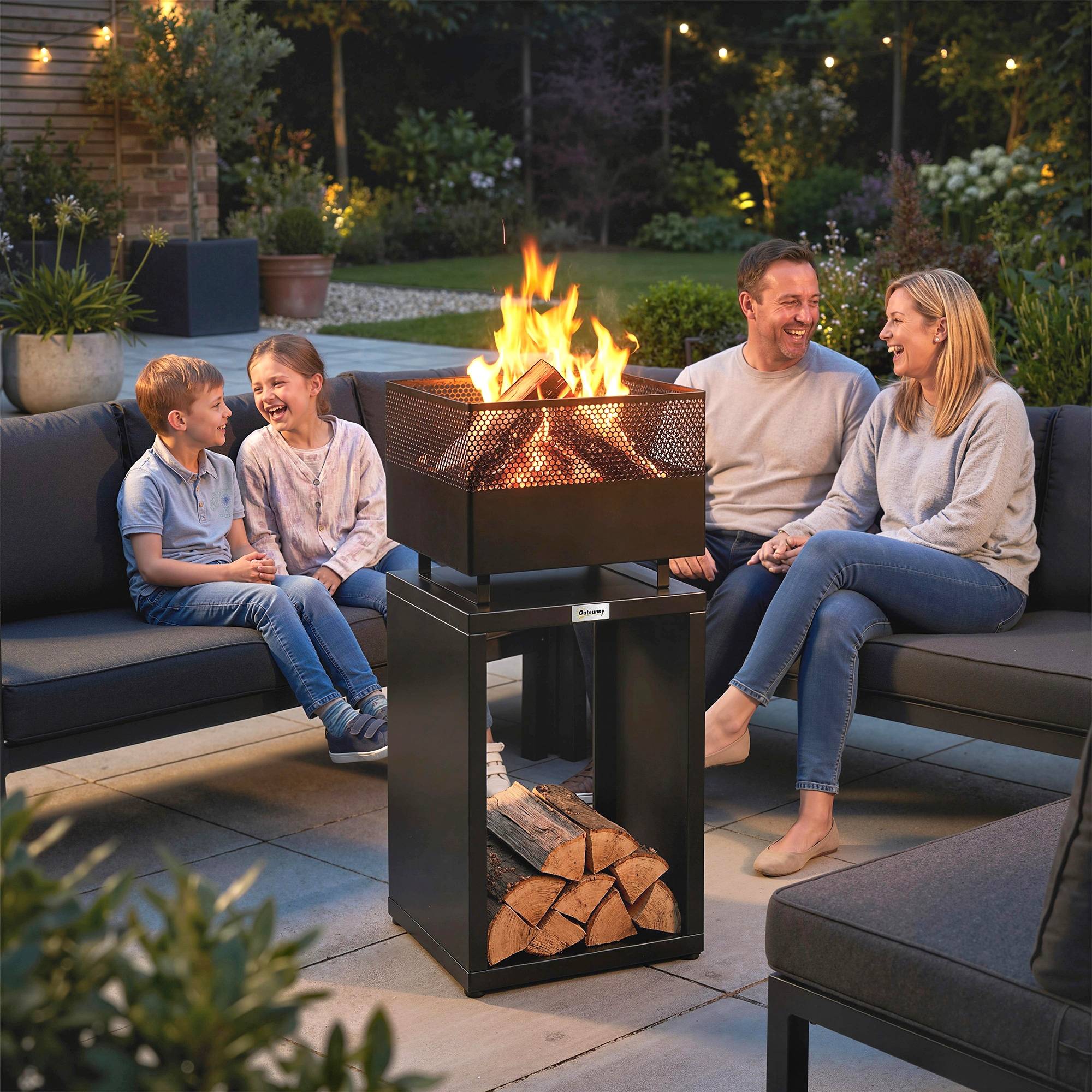 ComfortXL - Brasero extérieur métal noir 39 x 39 x 87 cm terrasse jardin avec range-bûches intégré et pieds réglables - Image 1