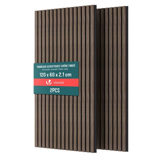 Lot de 2 panneaux acoustiques muraux Tasseaux en bois MDF avec feutre noir 120x60x2.1cm chene foncé - Image 1