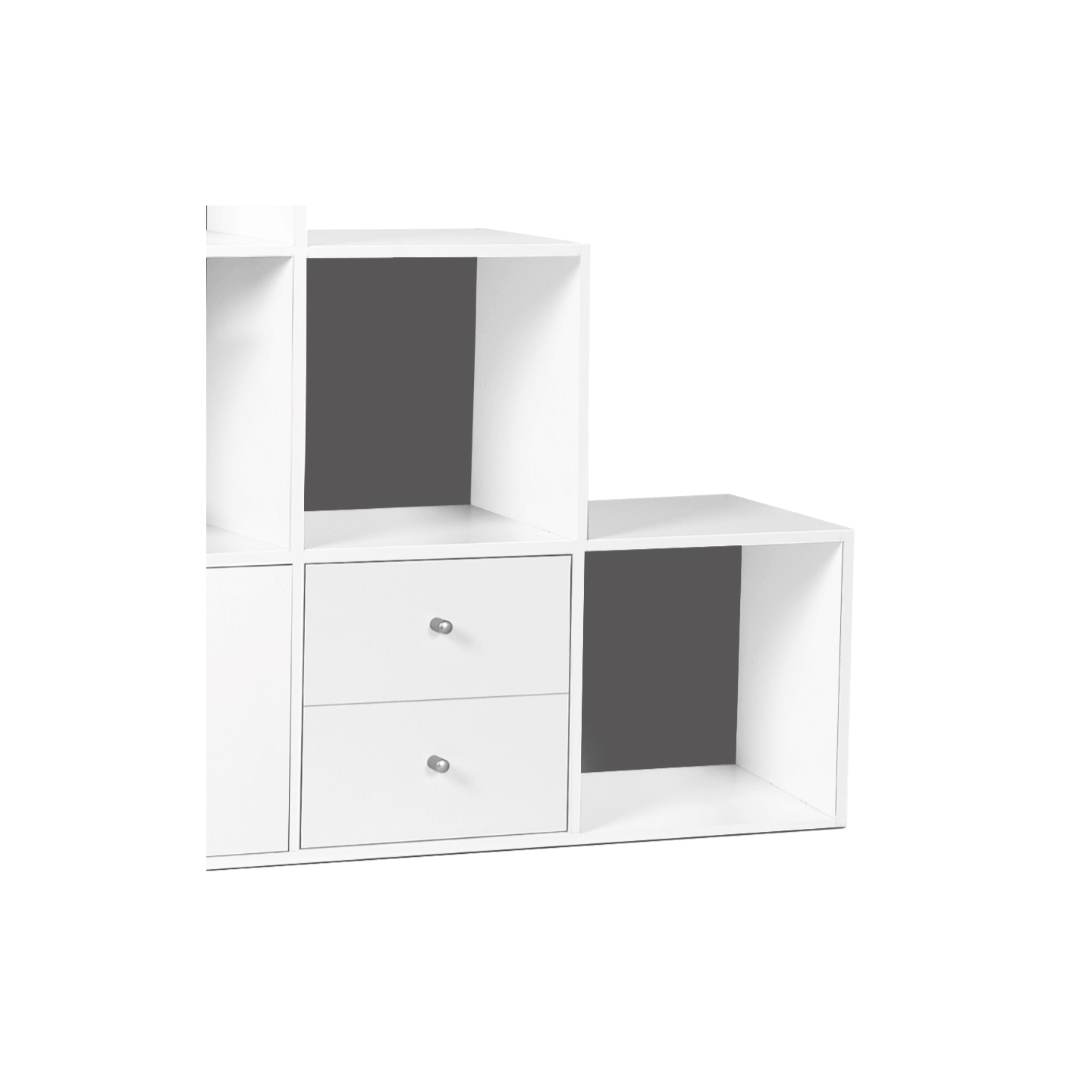 Meuble de rangement en escalier LIAM 3 niveaux bois blanc fond gris avec porte et tiroirs - Image 4