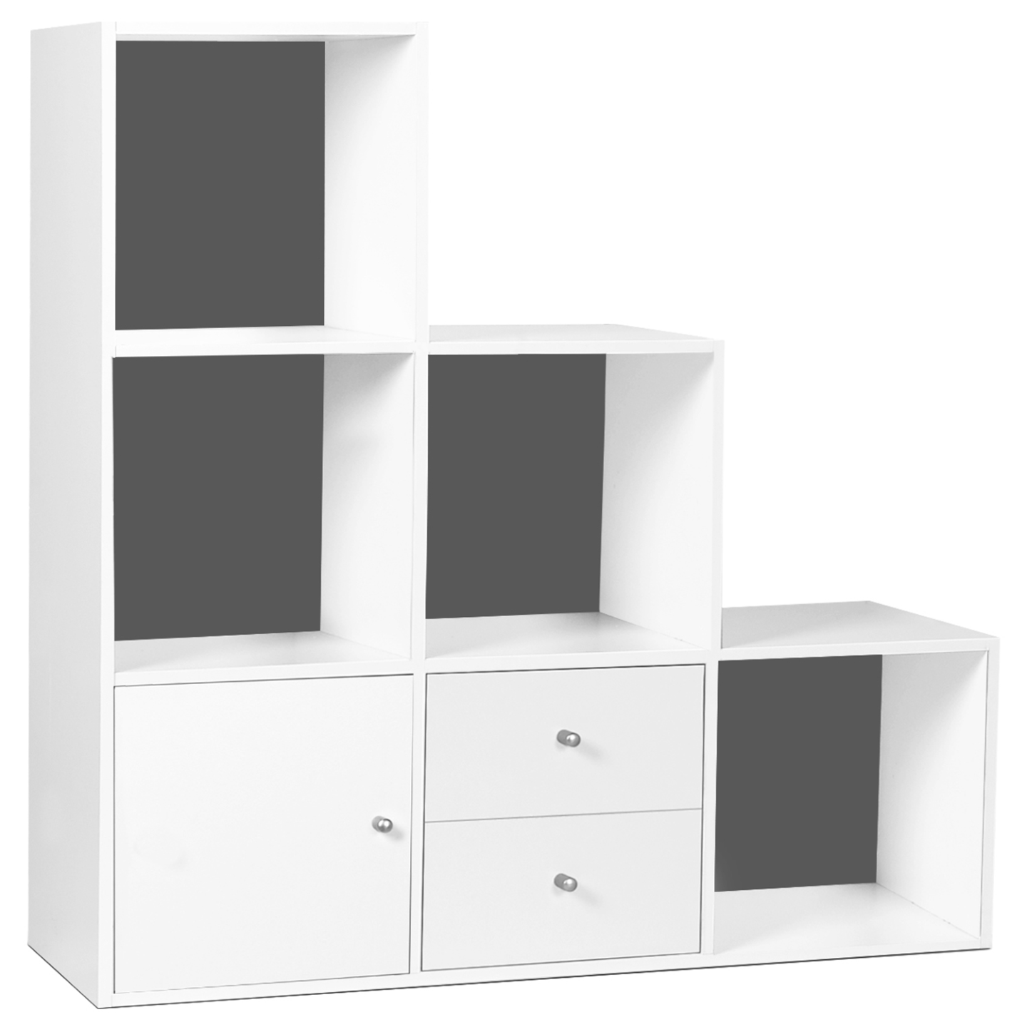 Meuble de rangement en escalier LIAM 3 niveaux bois blanc fond gris avec porte et tiroirs - Image 2