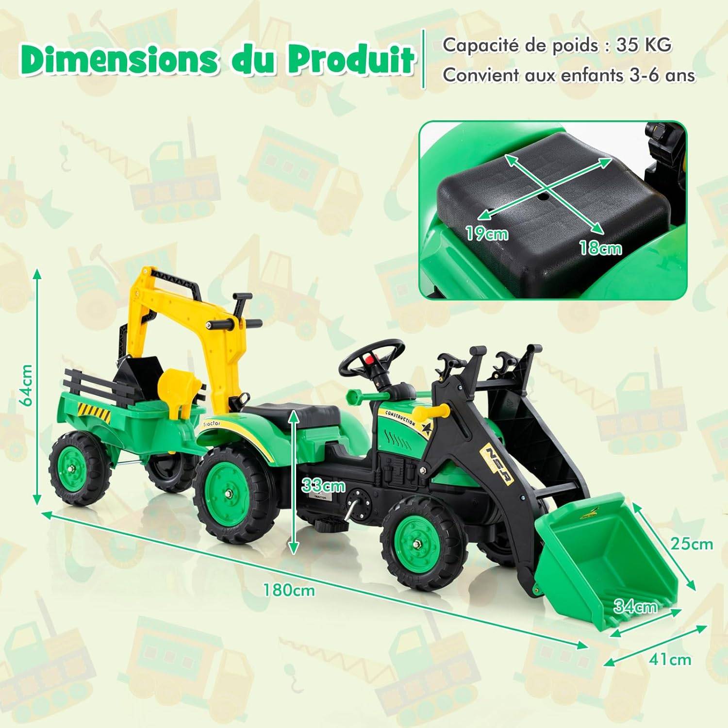 Costway - 3 en 1 Tractopelle Enfant avec Pelle et Remorque Amovible, Tracteur  Enfants - Image 2