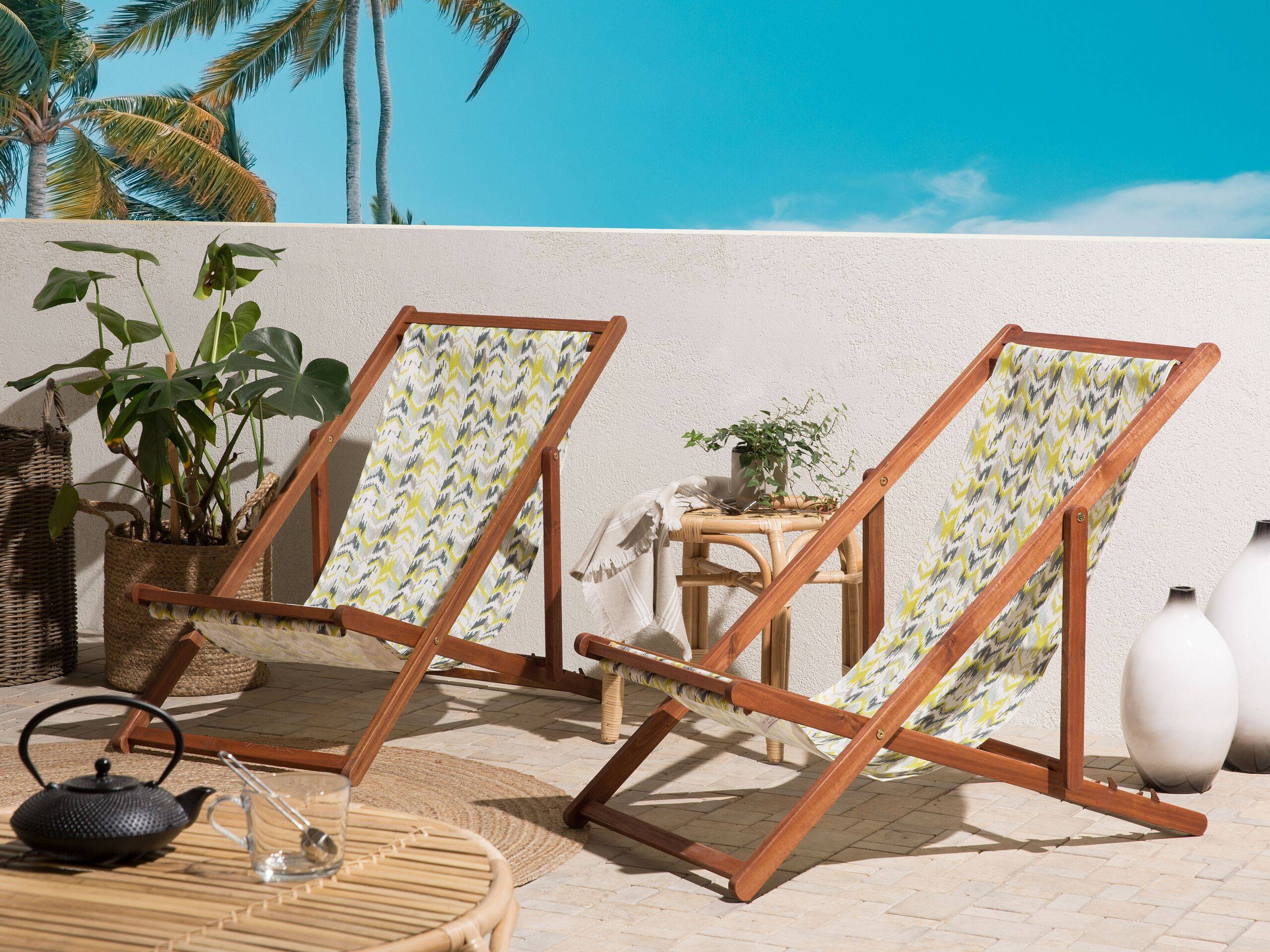 Beliani - 2 Transats Chaises Chiliennes Pliantes et Réglables en Bois d'Acacia Foncé et Tissu Jaune et Gris avec Toiles de Remplacement - Imagen 2