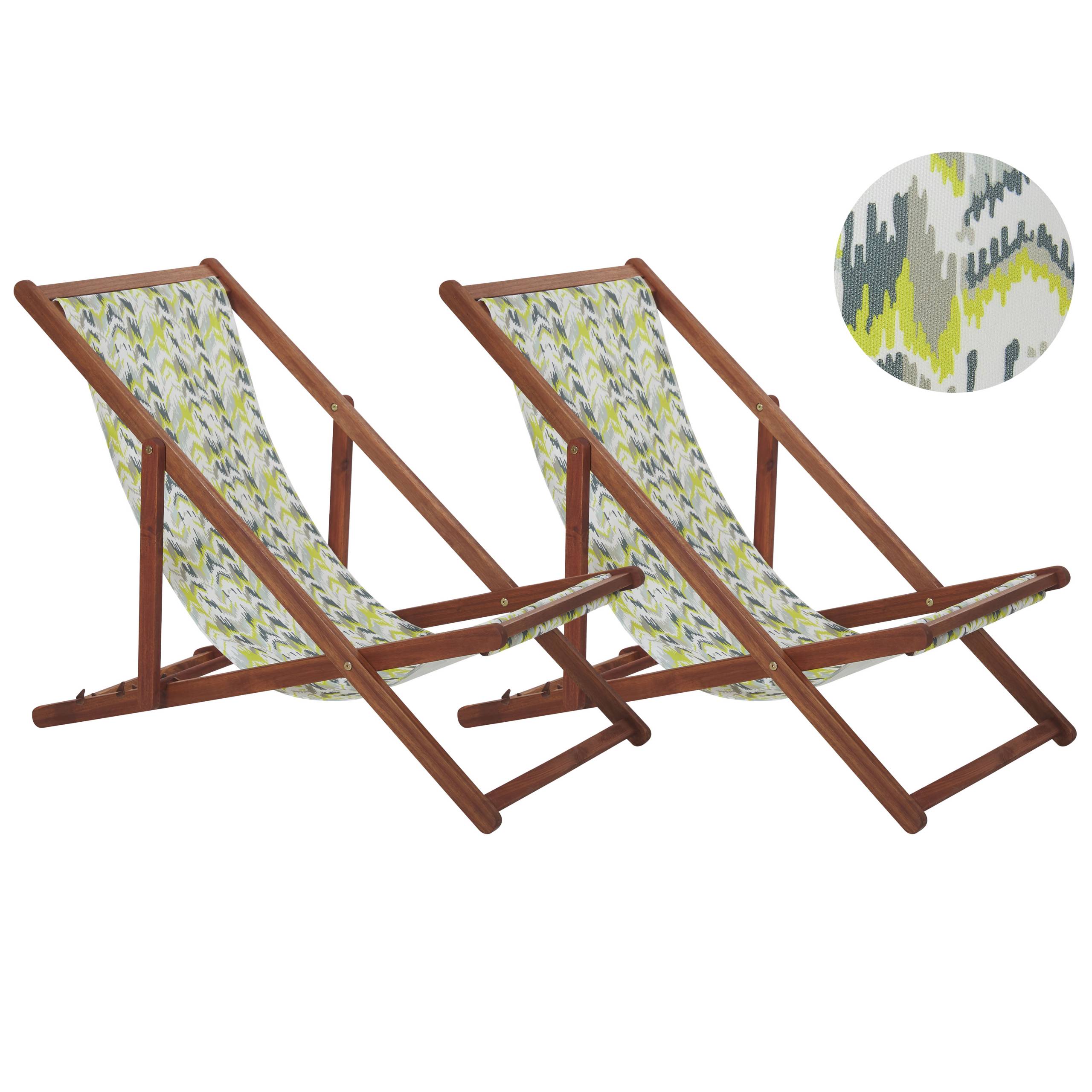 Beliani - 2 Transats Chaises Chiliennes Pliantes et Réglables en Bois d'Acacia Foncé et Tissu Jaune et Gris avec Toiles de Remplacement - Imagen 1