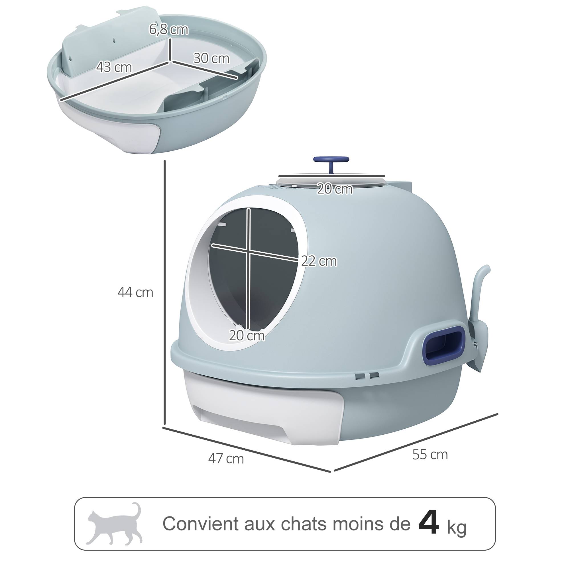 Bac à litière fermé plastique pour chats tiroir coulissant lucarne 55cm bleu - ComfortXL Outdoor Living - Image 5