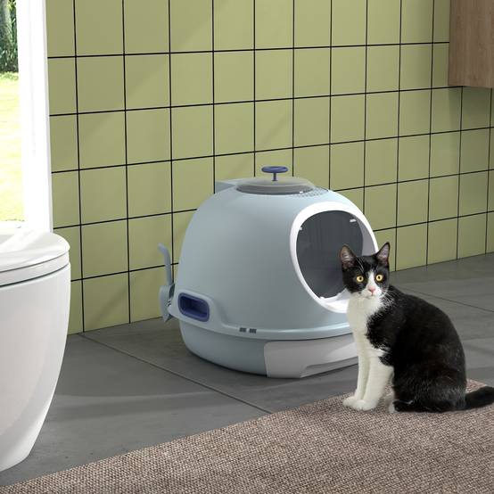 Bac à litière fermé plastique pour chats tiroir coulissant lucarne 55cm bleu - ComfortXL Outdoor Living - Image 3
