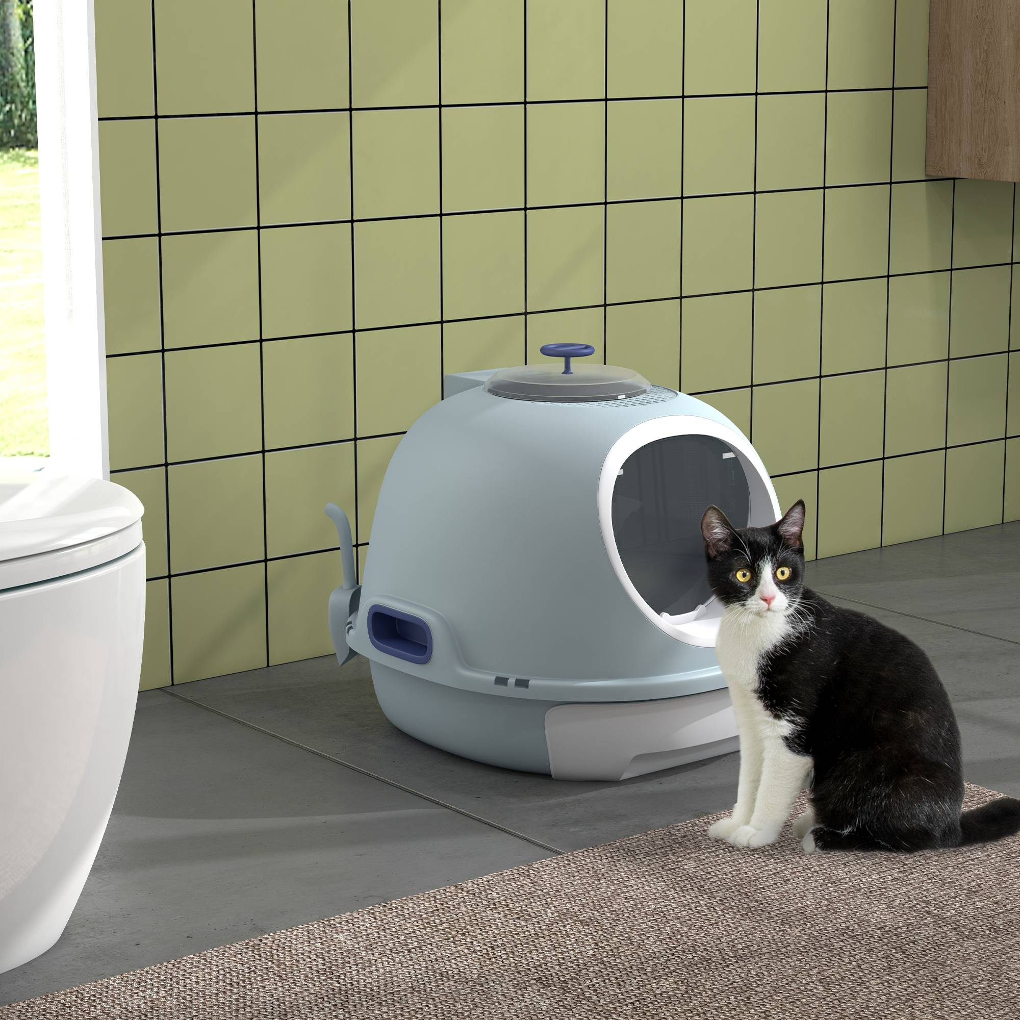 Bac à litière fermé plastique pour chats tiroir coulissant lucarne 55cm bleu - ComfortXL Outdoor Living - Image 3