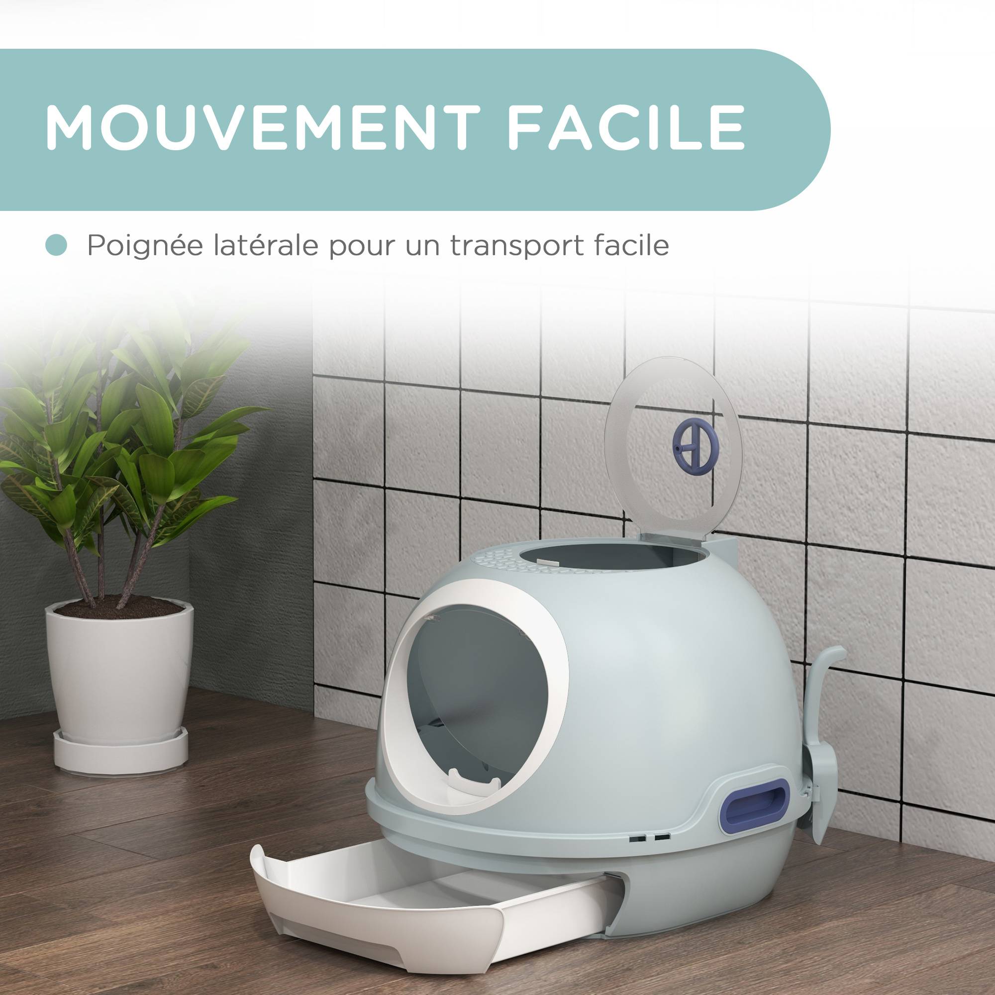 Bac à litière fermé plastique pour chats tiroir coulissant lucarne 55cm bleu - ComfortXL Outdoor Living - Image 8