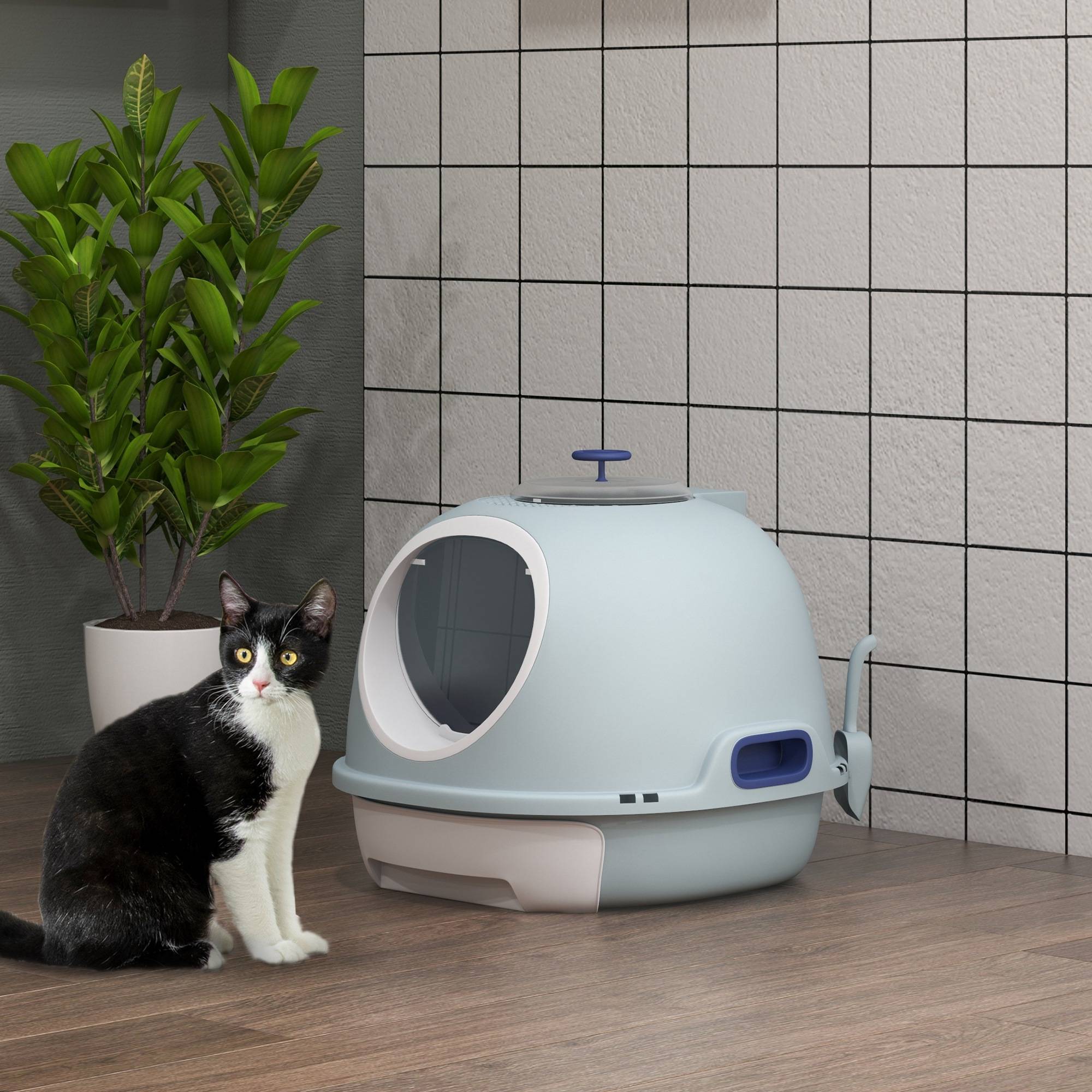Bac à litière fermé plastique pour chats tiroir coulissant lucarne 55cm bleu - ComfortXL Outdoor Living - Image 4