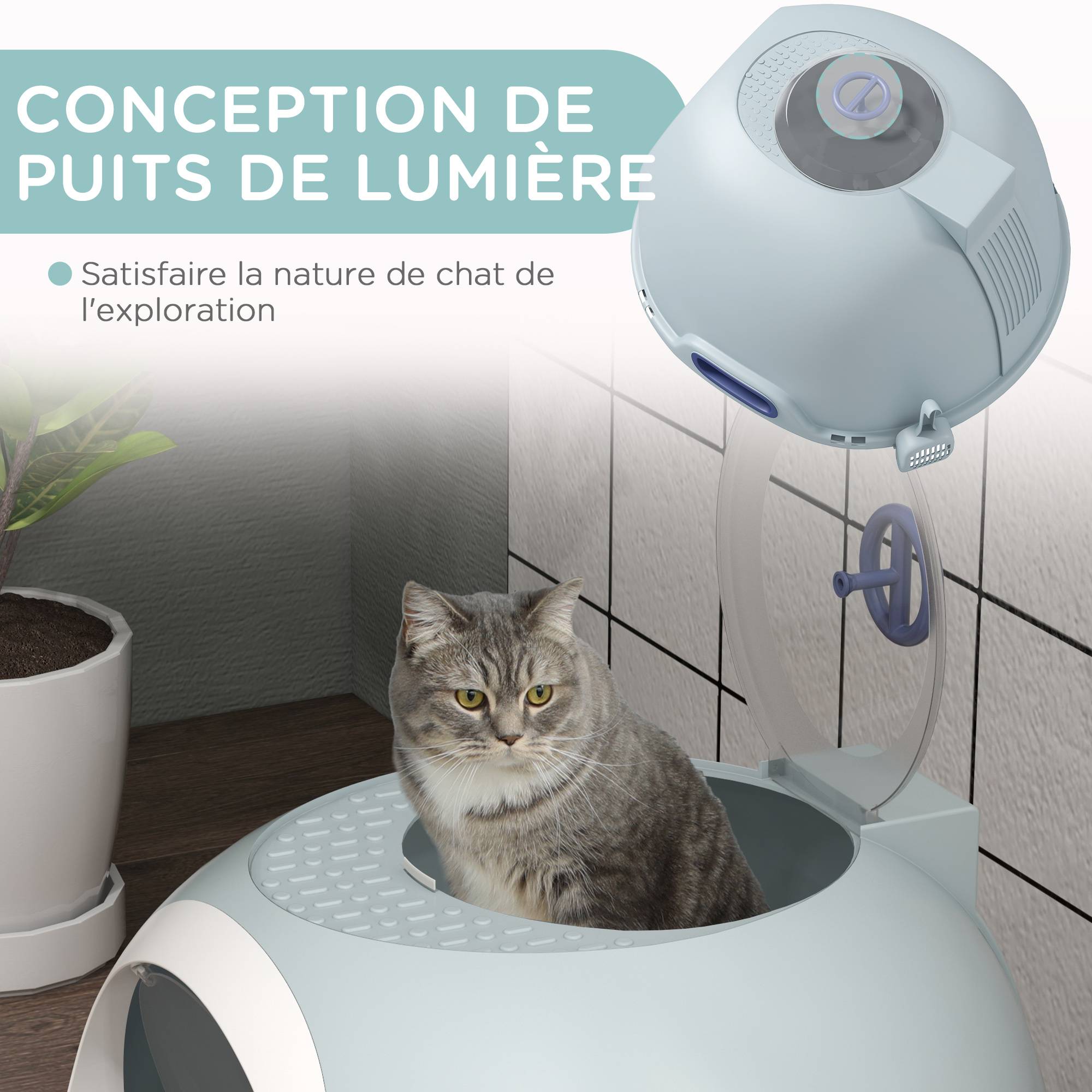 Bac à litière fermé plastique pour chats tiroir coulissant lucarne 55cm bleu - ComfortXL Outdoor Living - Image 7