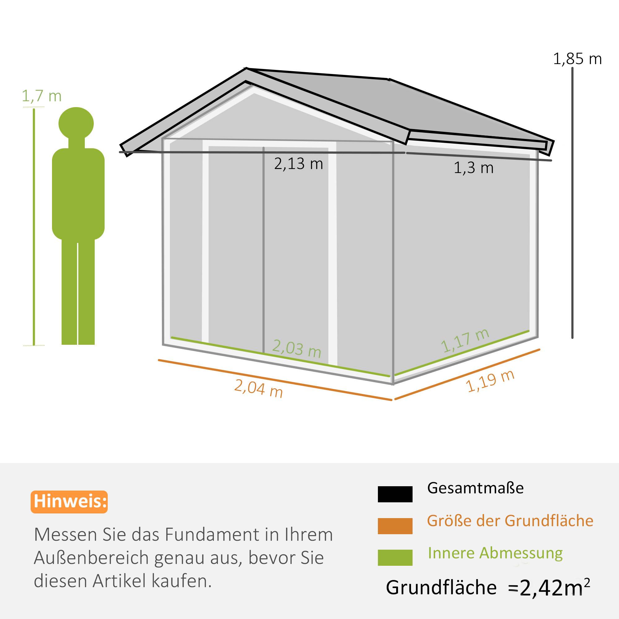 Abri de jardin avec portes coulissantes, 2,13 x 1,30 x 1,85 cm, métal, gris - Image 5