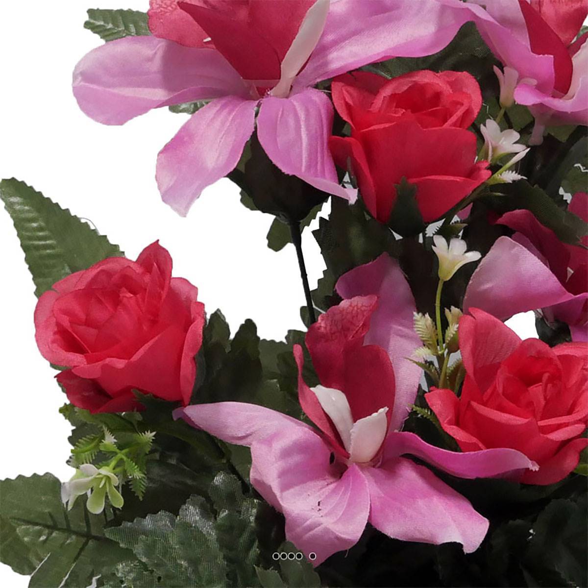 Artificielles - Pot fleurs artificielles cimetière roses, orchidées et mini-fleurs Rose fushia - couleur: Rose fushia 730 - Imagen 3