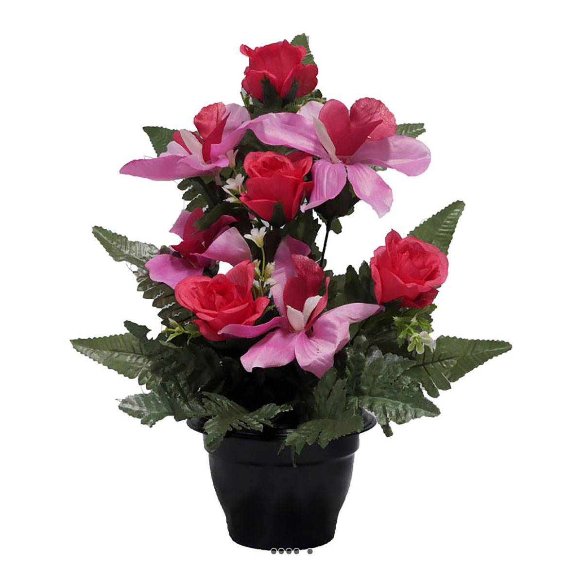 Artificielles - Pot fleurs artificielles cimetière roses, orchidées et mini-fleurs Rose fushia - couleur: Rose fushia 730 - Imagen 1