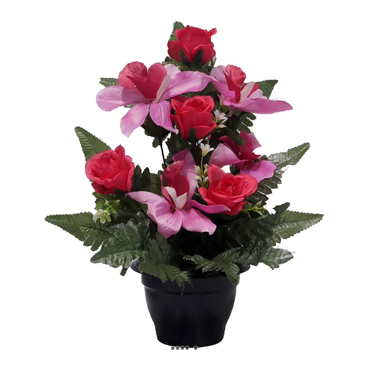 Artificielles - Pot fleurs artificielles cimetière roses, orchidées et mini-fleurs Rose fushia - couleur: Rose fushia 730 - Imagen 2