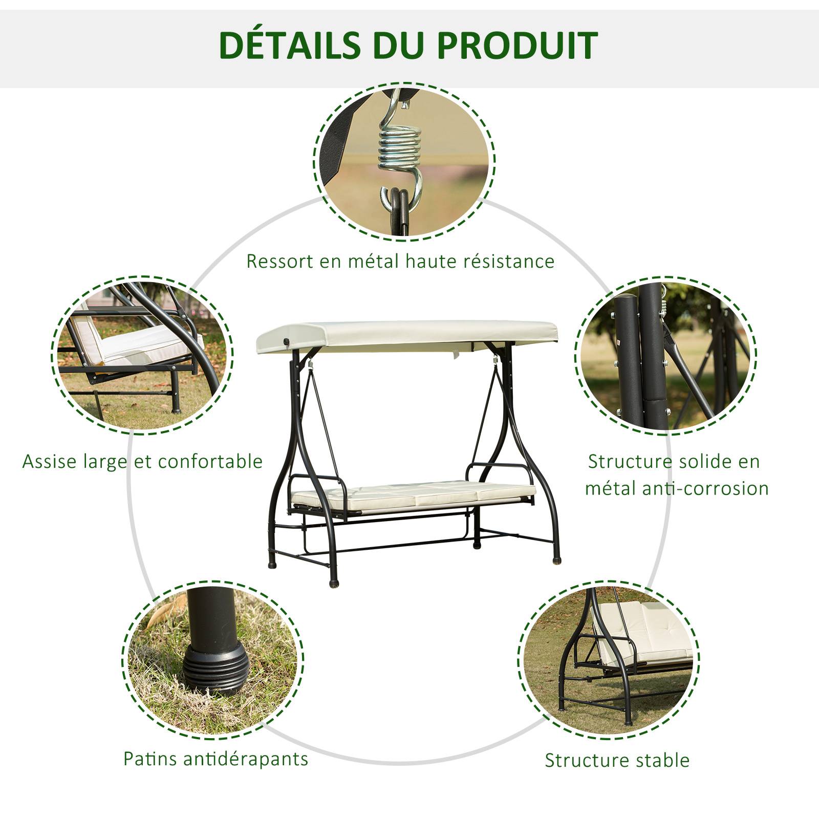 Outsunny - Balancelle de jardin 3 places convertible inclinaison toit réglable matelas grand confort rembourrage 8 cm fourni métal époxy noir crème - Outsunny - Imagen 6