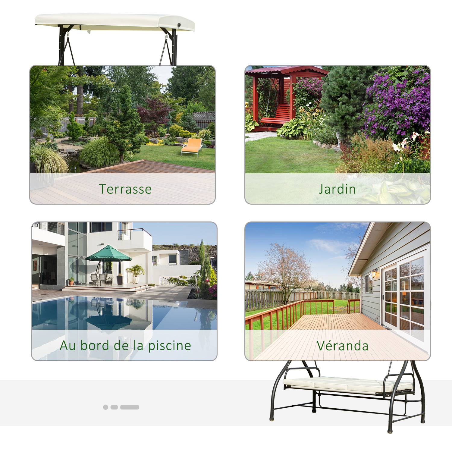 Outsunny - Balancelle de jardin 3 places convertible inclinaison toit réglable matelas grand confort rembourrage 8 cm fourni métal époxy noir crème - Outsunny - Imagen 7