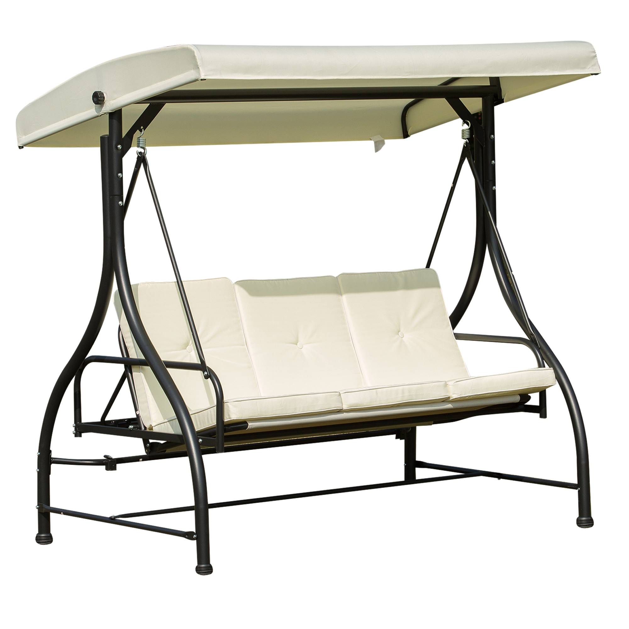 Outsunny - Balancelle de jardin 3 places convertible inclinaison toit réglable matelas grand confort rembourrage 8 cm fourni métal époxy noir crème - Outsunny - Imagen 1