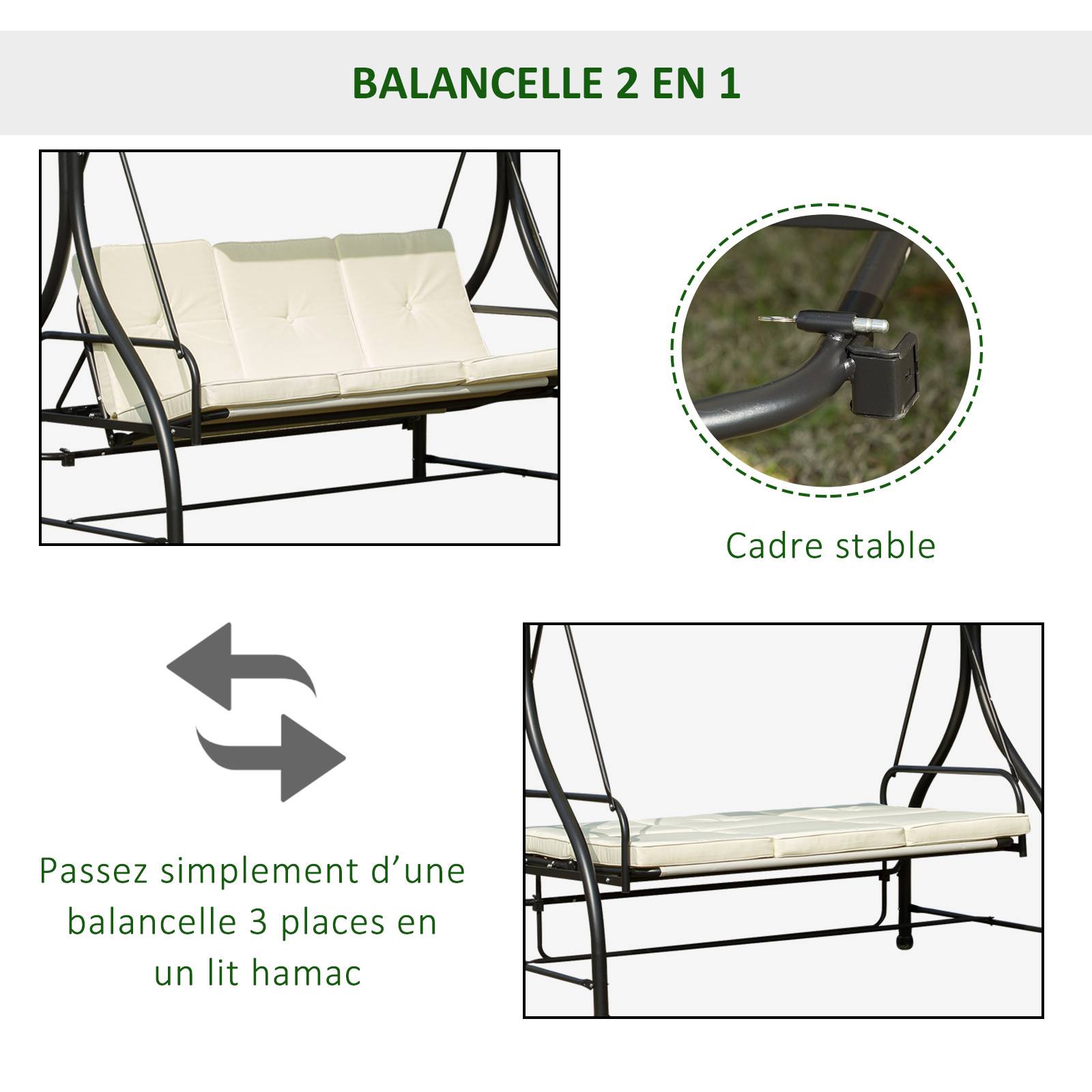 Outsunny - Balancelle de jardin 3 places convertible inclinaison toit réglable matelas grand confort rembourrage 8 cm fourni métal époxy noir crème - Outsunny - Imagen 4