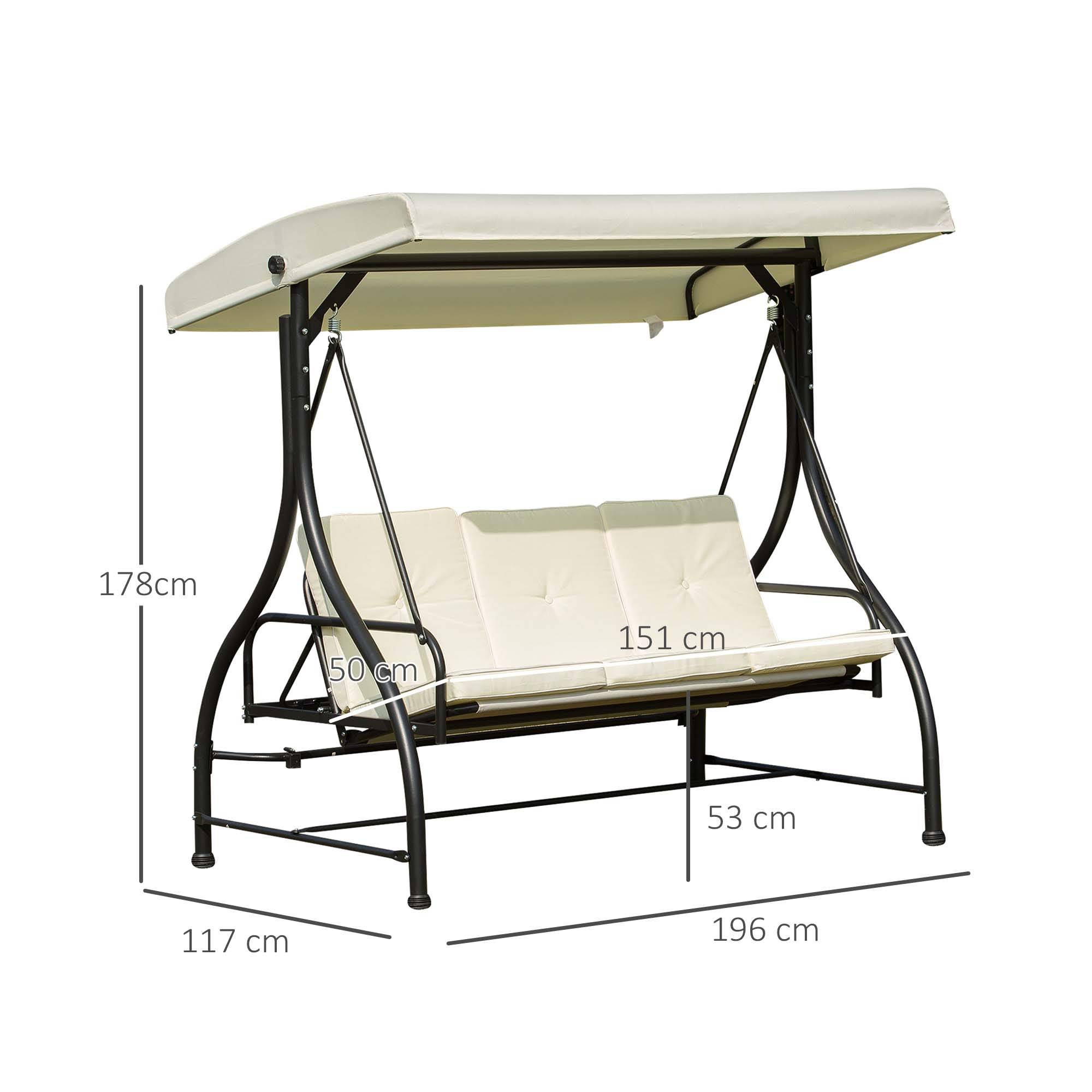 Outsunny - Balancelle de jardin 3 places convertible inclinaison toit réglable matelas grand confort rembourrage 8 cm fourni métal époxy noir crème - Outsunny - Imagen 3