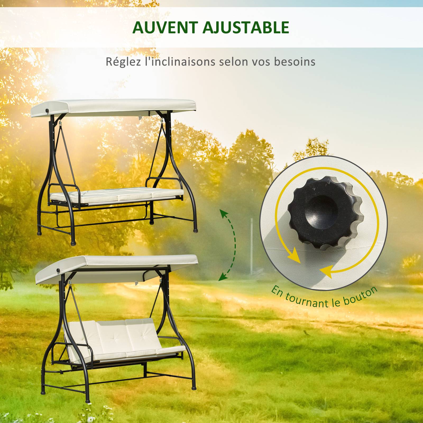 Outsunny - Balancelle de jardin 3 places convertible inclinaison toit réglable matelas grand confort rembourrage 8 cm fourni métal époxy noir crème - Outsunny - Imagen 5