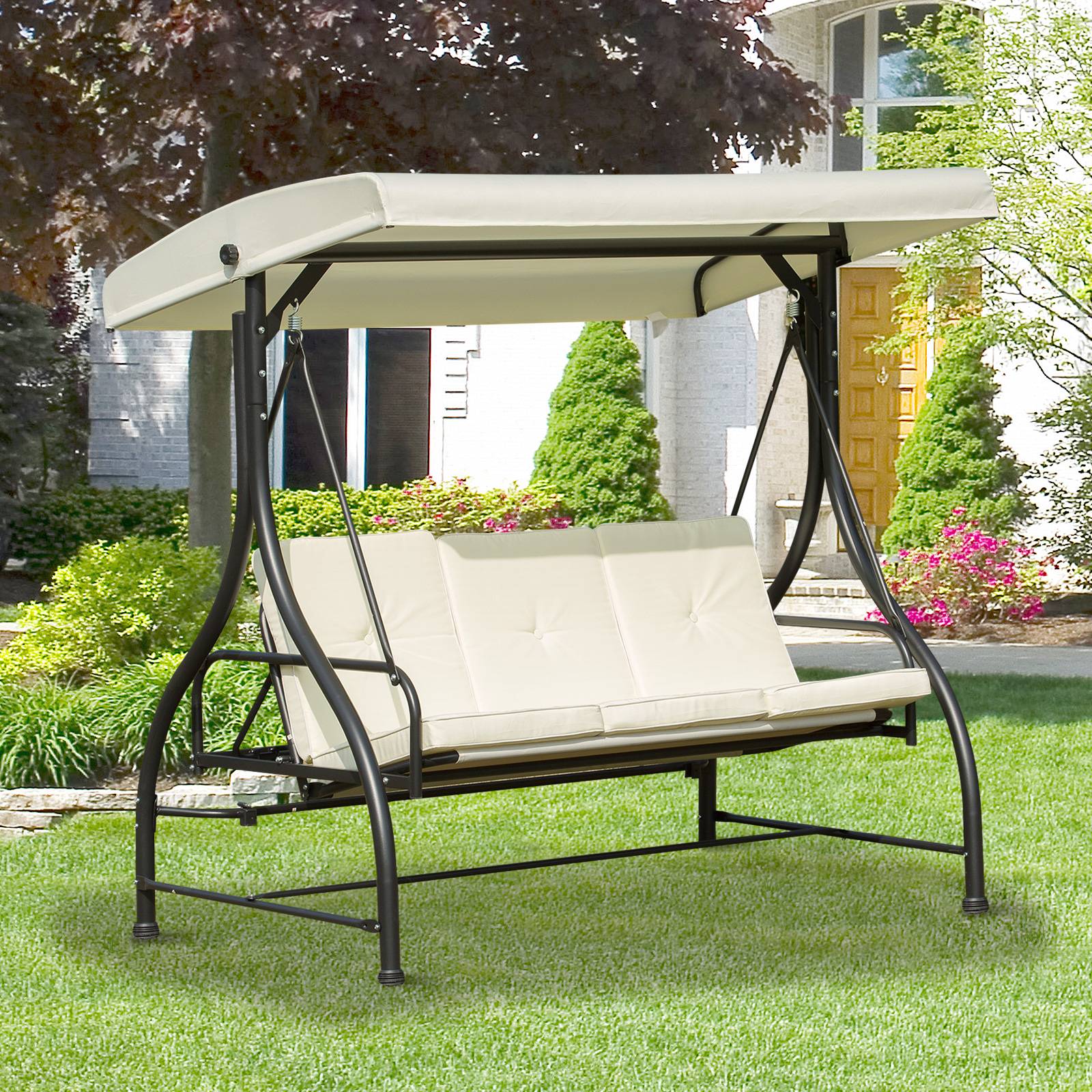 Outsunny - Balancelle de jardin 3 places convertible inclinaison toit réglable matelas grand confort rembourrage 8 cm fourni métal époxy noir crème - Outsunny - Imagen 2
