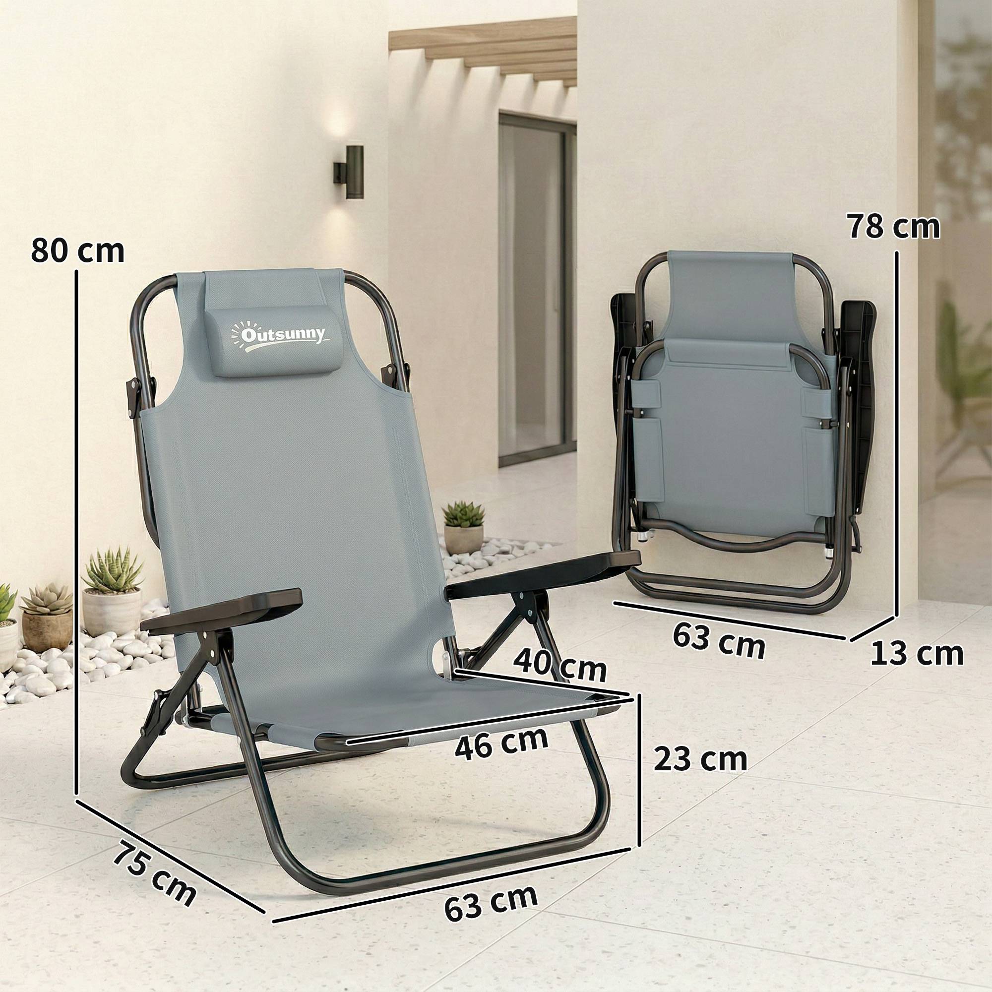 Set de 2 chaises de camping portables, pliables plage, dossier réglable, gris clair - Image 5