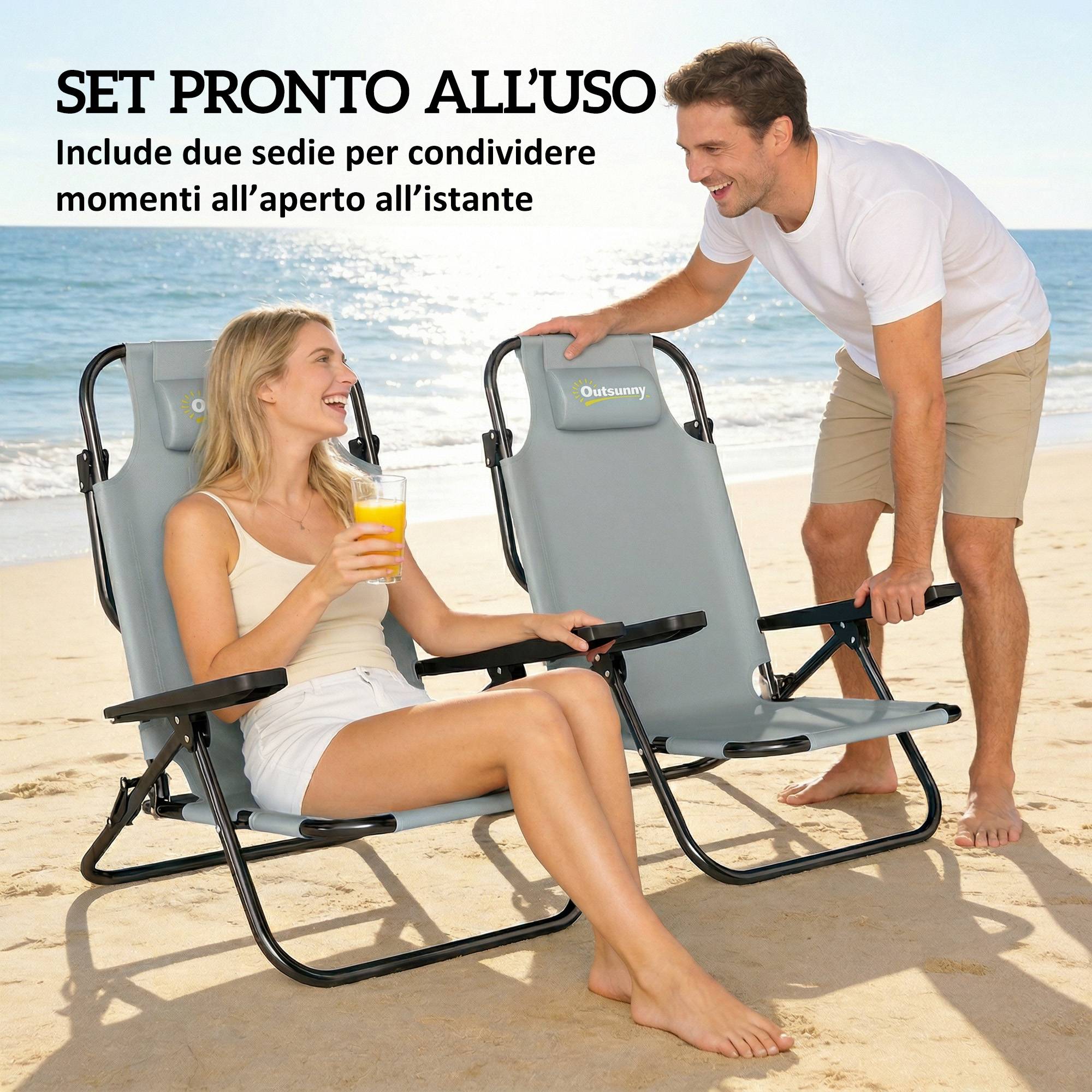 Set de 2 chaises de camping portables, pliables plage, dossier réglable, gris clair - Image 6