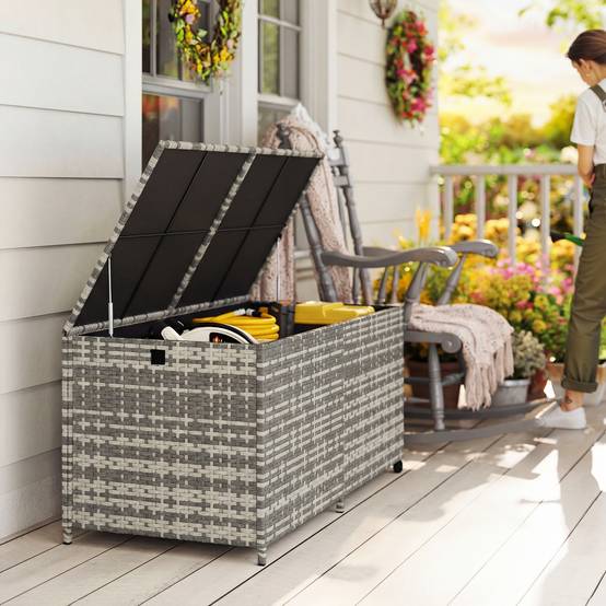 Coffre de rangement jardin résine tressée terrasse grande capacité 650L gris sur roues - ComfortXL Outdoor Living - Image 4